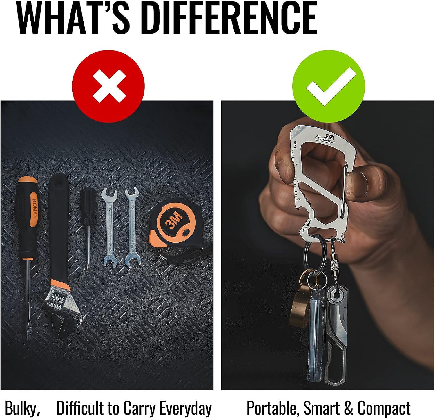 KeyUnity KS00 Carabiner Clip Multitool Stainless Steel 7 Tools in 1 | Quick Release Clasp | Wrench | Philips Screwdriver | Slotted Screwdriver | Bottle Opener | Ruler | Key Holder (Silver)
