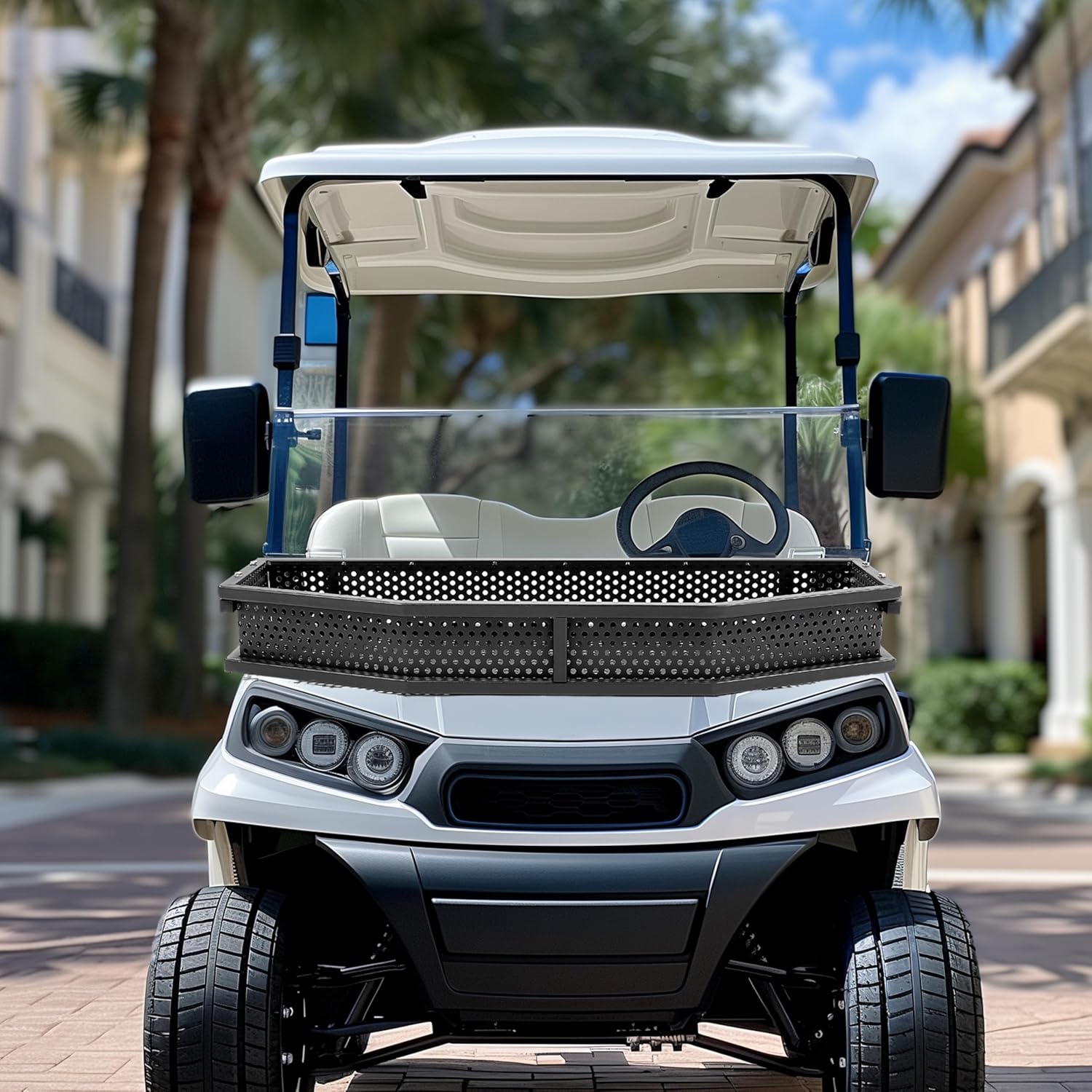 HECASA Front Cargo Basket Compatible with Yamaha G29 The Drive Golf Cart Gas OR Electric Black Steel Front Clays Goods Mesh Rack with Mouting Brackets