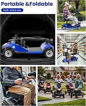 Blue 4 Wheel Folding Mobility Scooter, Electric Power Mobile Scooters for Seniors Adult with Lights Collapsible and Compact Duty Travel Scooter with Basket and Extended Battery
