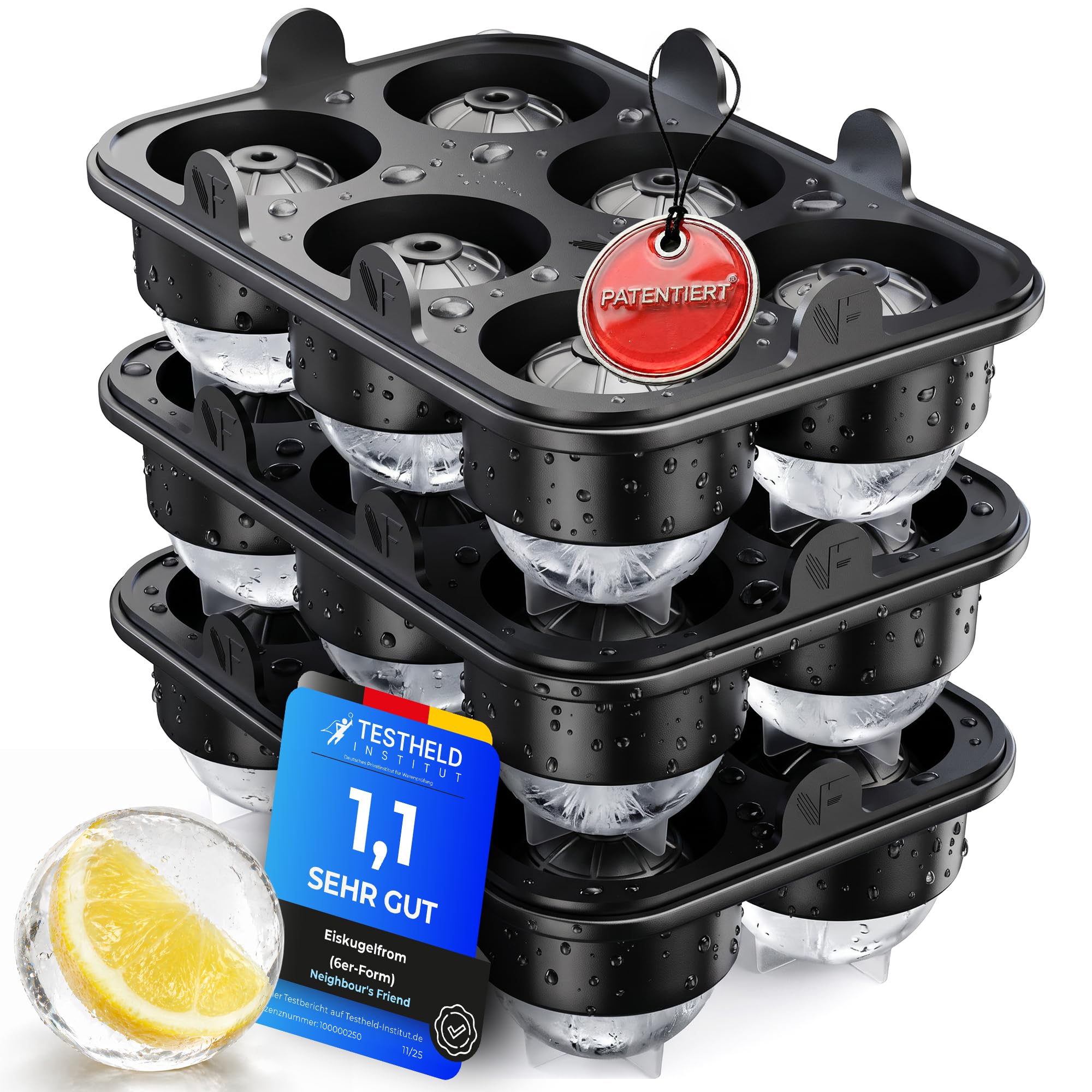 Neighbour's Friend Patentierte Eiskugelform 3er Pack Platinum - Große Eiswürfelform rund Platinsilikon für Cocktails, Gin & Getränke - 18x Eiswürfel rund spülmaschinengeeignet - XXL Eiswürfel