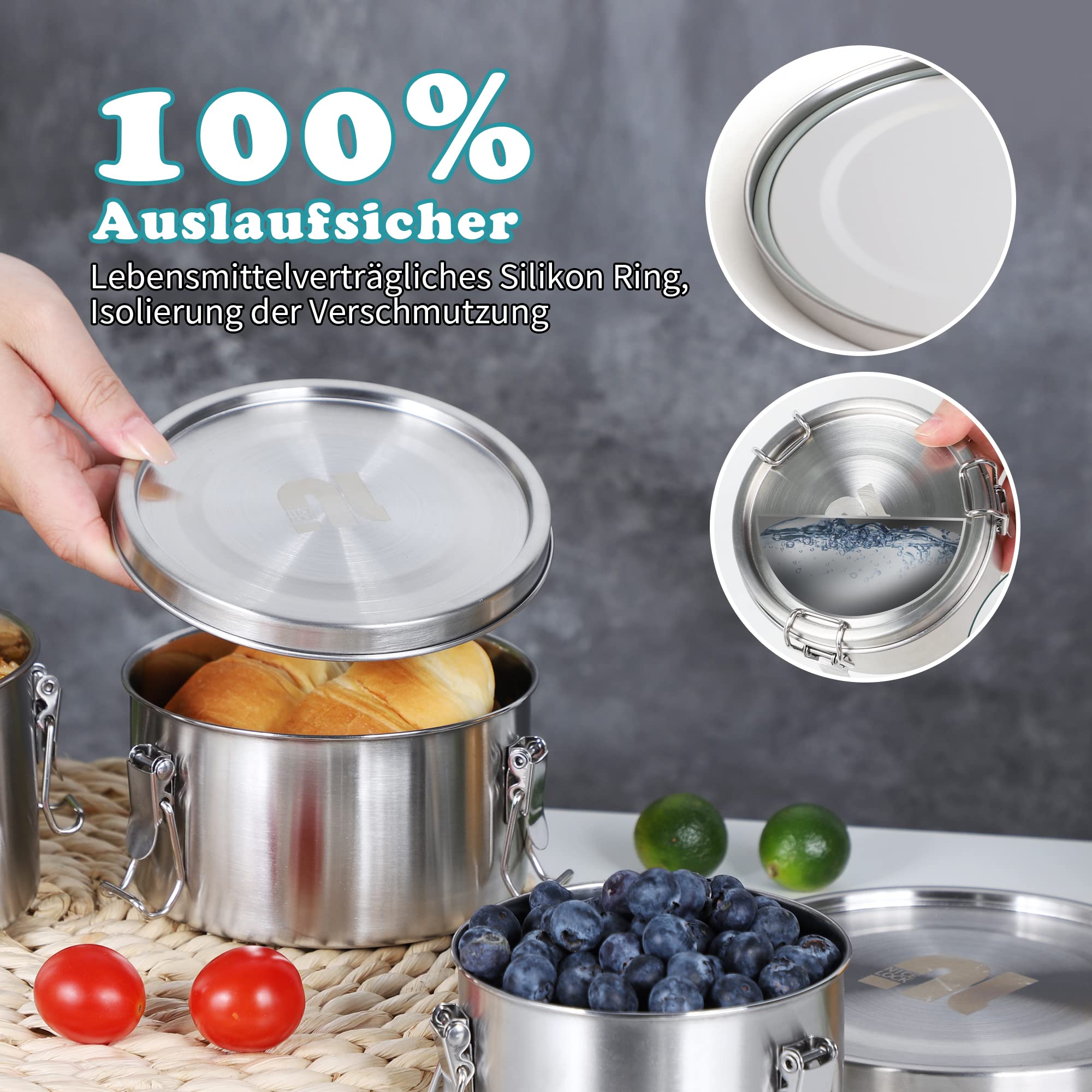 nicelock Fiambrera con separación (3 unidades) para adultos y niños, fiambrera de acero inoxidable, adecuada para aperitivos, frutas, cereales, sopas y comidas principales, etc.