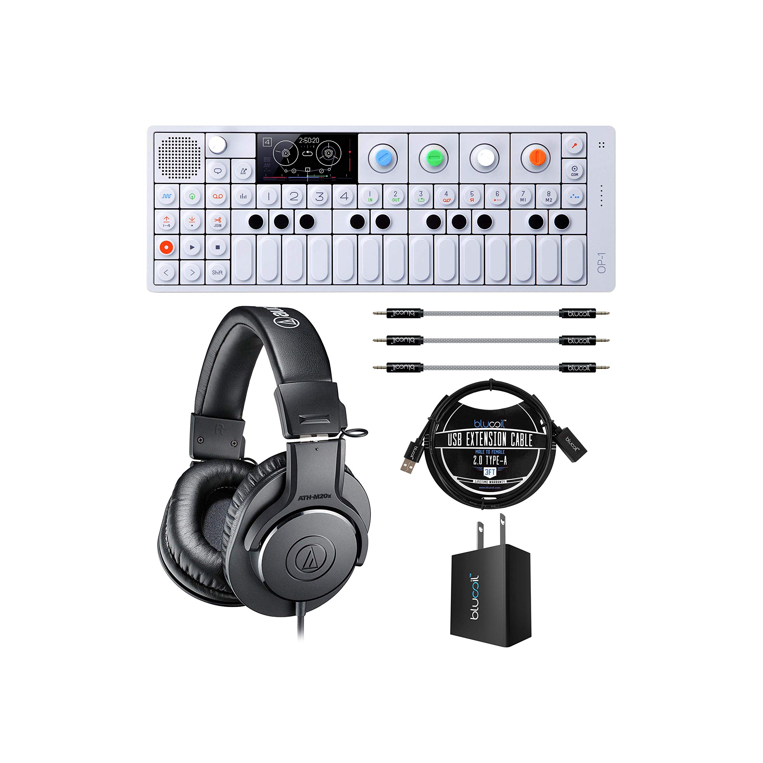 teenage engineering OP-1 Portable Synthesizer, Sampler, and Controller Bundle with Audio Technica ATH-M20x Monitor Headphones, Blucoil USB Wall Adapter, 3' USB Extension Cable, and 3x 7" Aux Cables