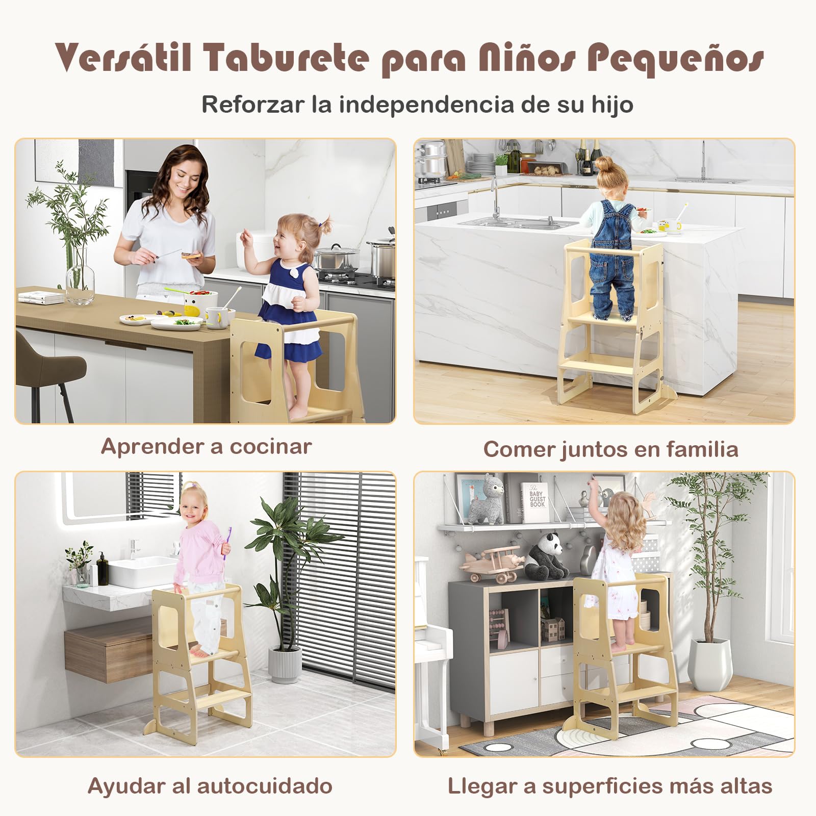 COSTWAY Torre de Aprendizaje Plegable 3 en 1, Taburete Infantil Montessori de Madera con Pizarra, Mesa, Taburete y Barra de Seguridad para Baño Cocina, Juego de Mesa y Silla para Niños