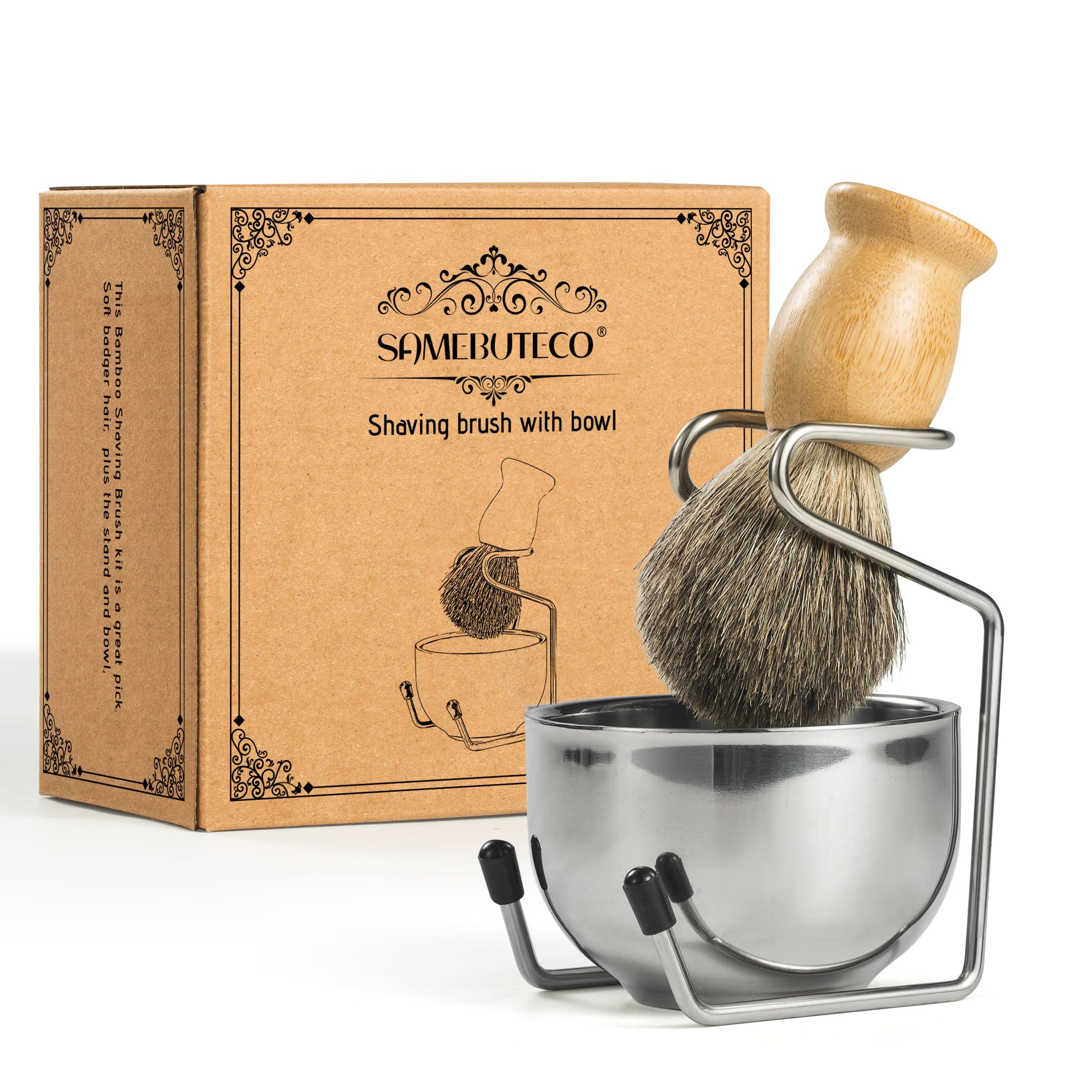 SAMEBUTECO Shaving Brush Set for Men-Pure Badger Hair Brush with Bamboo Handle, Stainless Steel Stand & Bowl, Wet Shaving Kit for Smooth Close Shave, Gift Set