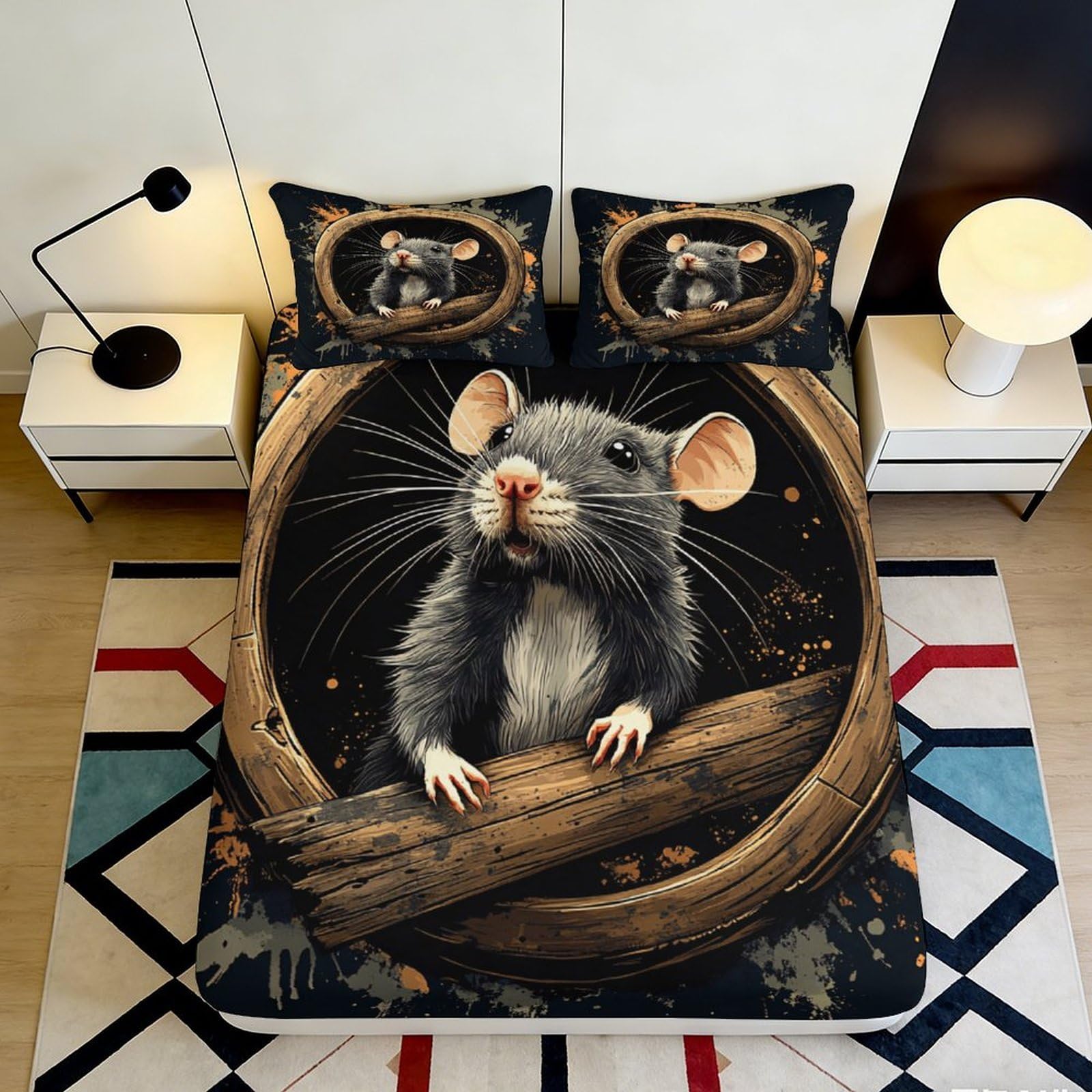 3D Printed Cute Mouse Fitted Sheet Microfiber Soft Anti-Slip Rat Hole Bed Cover for Bedroom Dorm Mattress Protection Decor 90x200x25cm