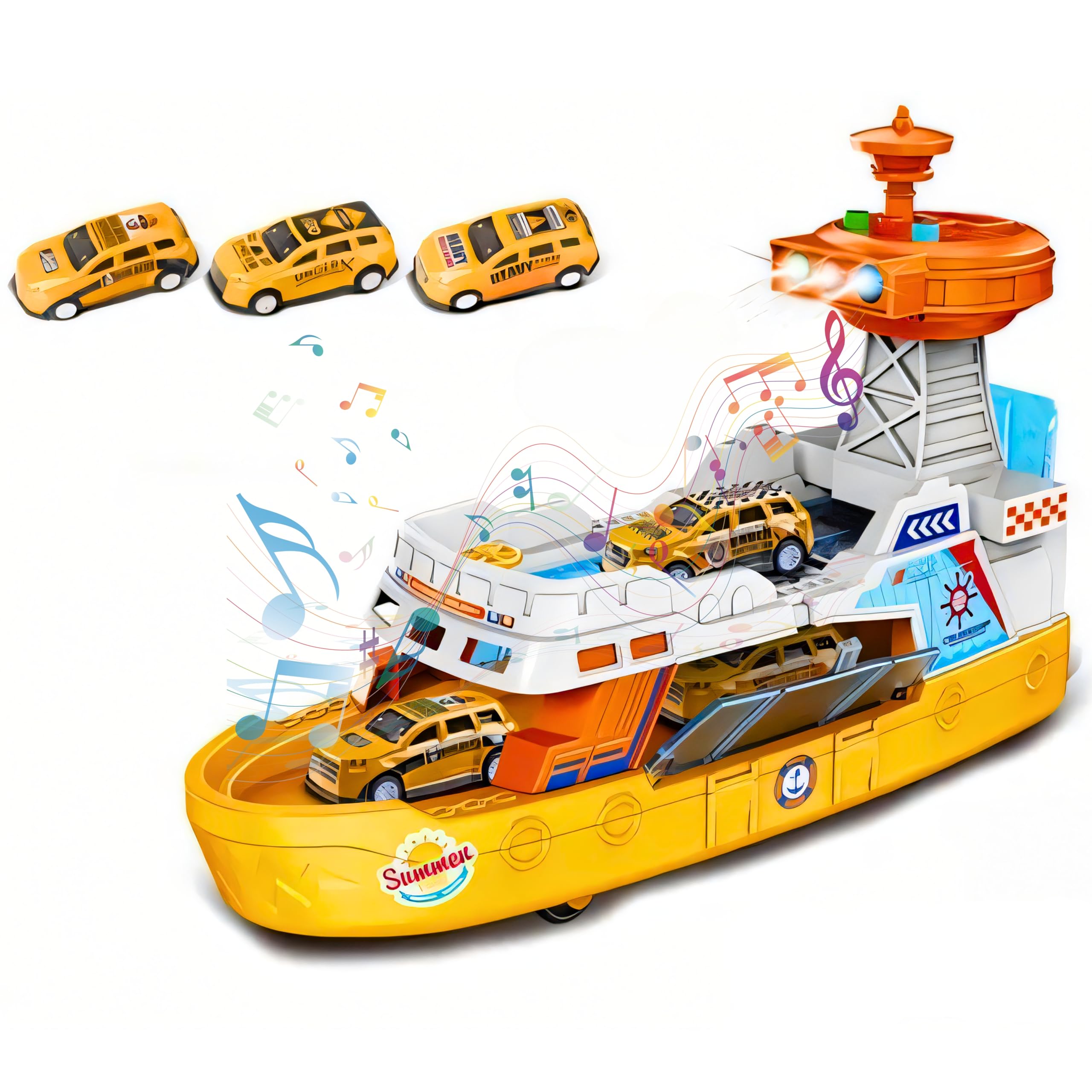SGM160 Coast Guard Ship Toy, 1:16 Scale Transport Boat With 3 Super Car, Fire ship model with light and sound, cabin can be opened, Birthday Gift for 3 4 5 6 Year Old Kids (JS160-Yellow)