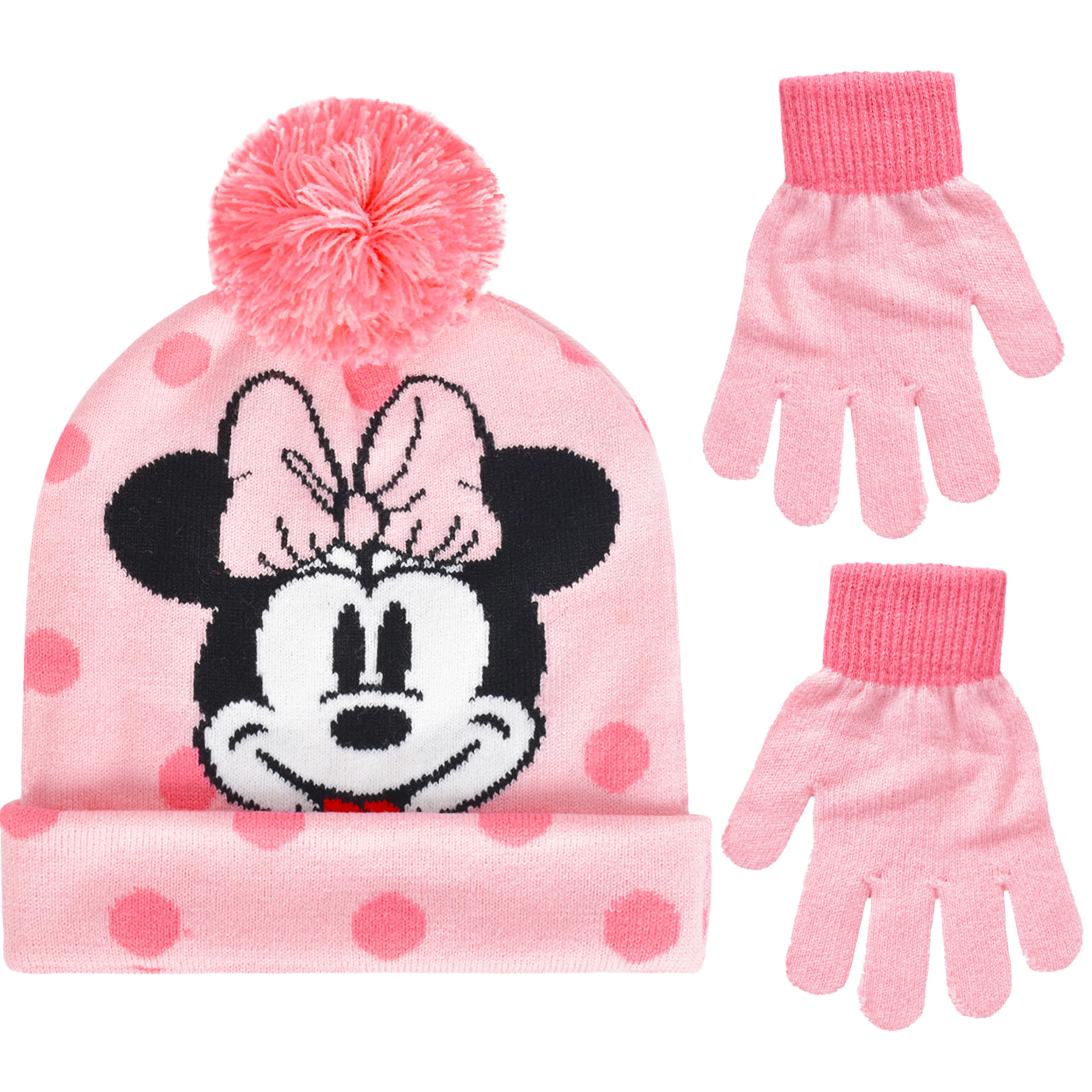 Disney Minnie Mouse Beanie Hat and Gloves Set, Kids Polka Dot Cuffed Winter Knit Cap