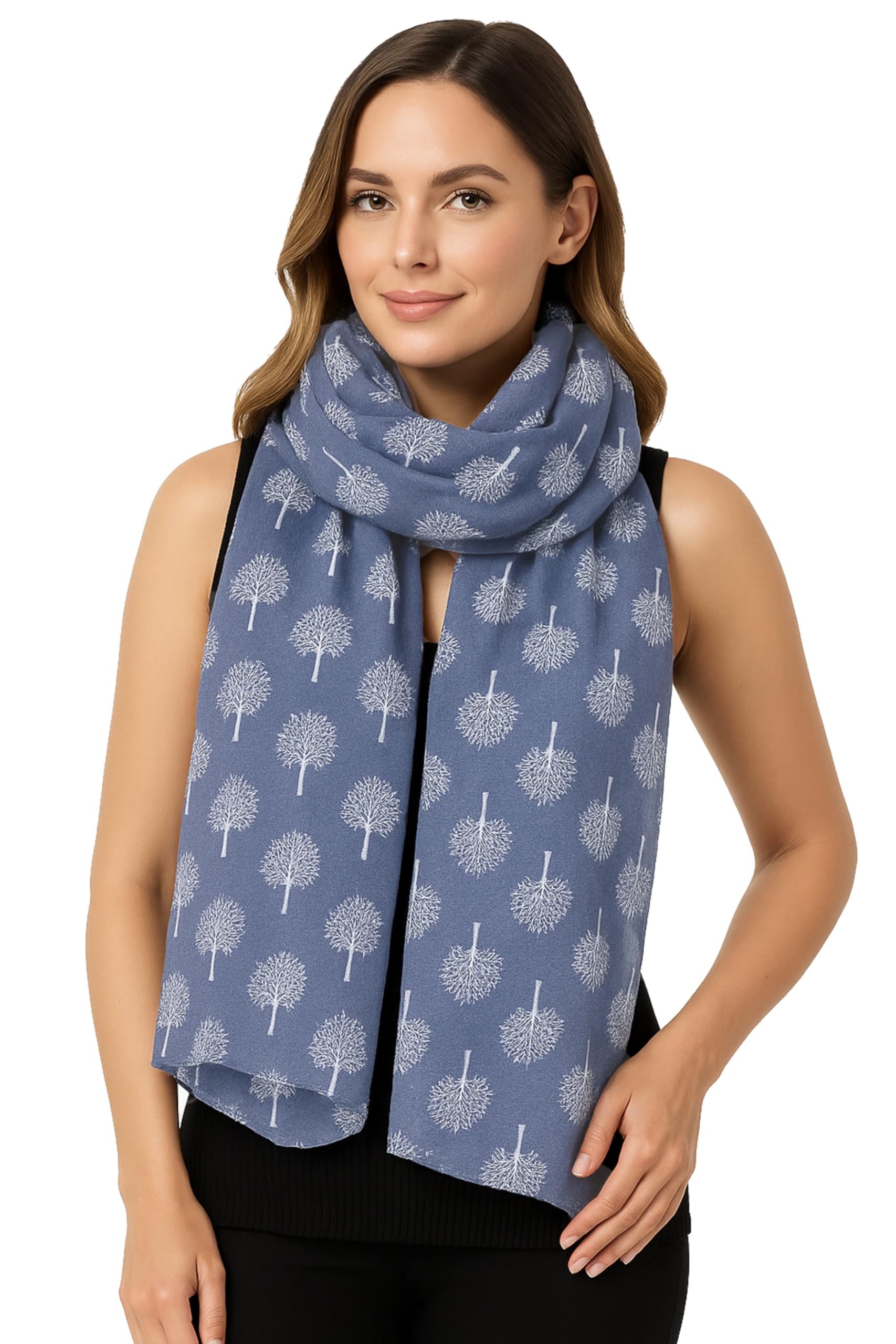 World Of Shawls Women's Denim Blue With White Mulberry Tree Print Scarf New Celebrity Style Long Scarf Scarves Maxi Sarong Sale (Denim Blue With White Mulberry Tree Print Scarf)