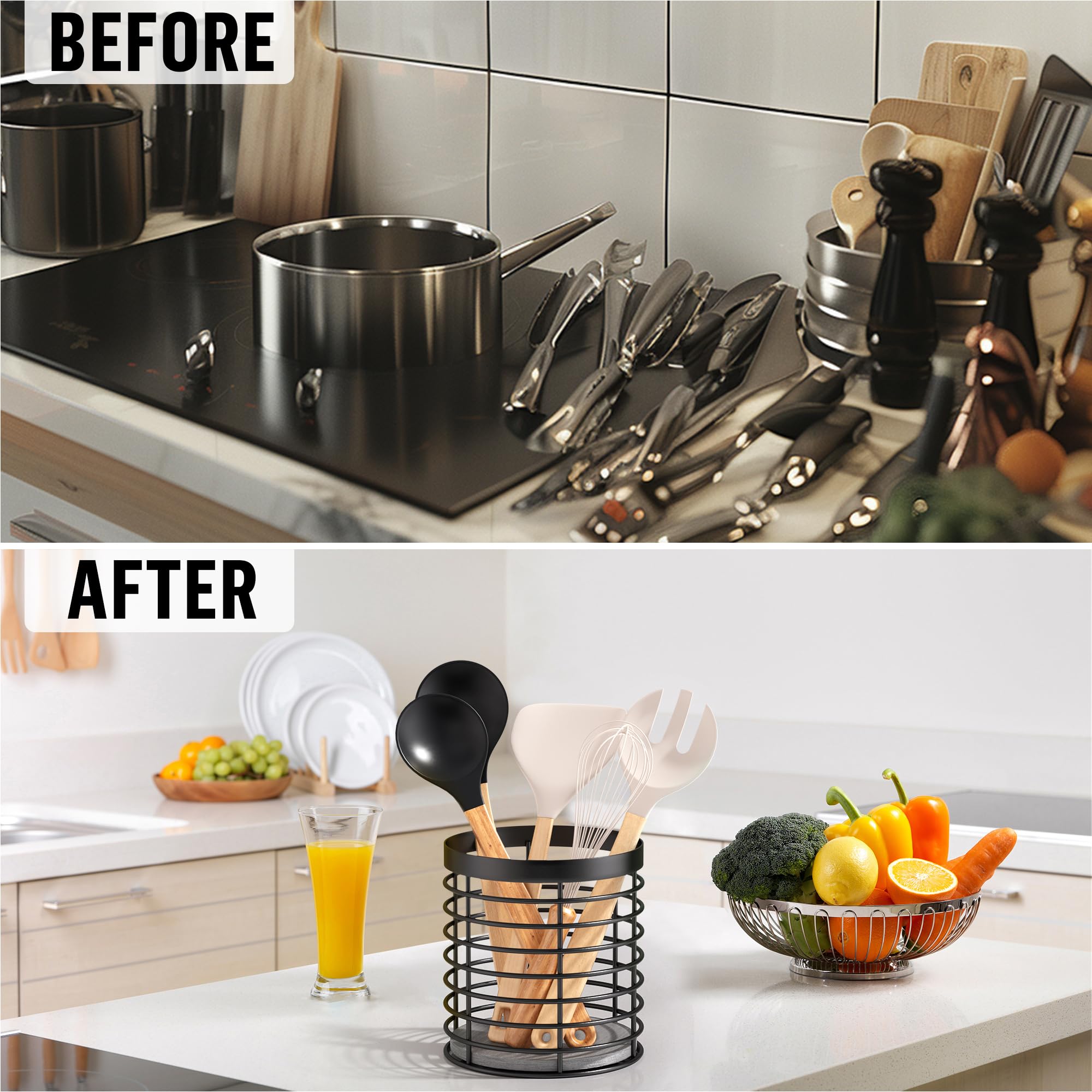 DTONIMA Utensil holder - Large Round Utensils Holder with Diatomaceous Base Matte Black Cooking Utensil Holder,Kitchen countertop Utensil Organizer (Metal)