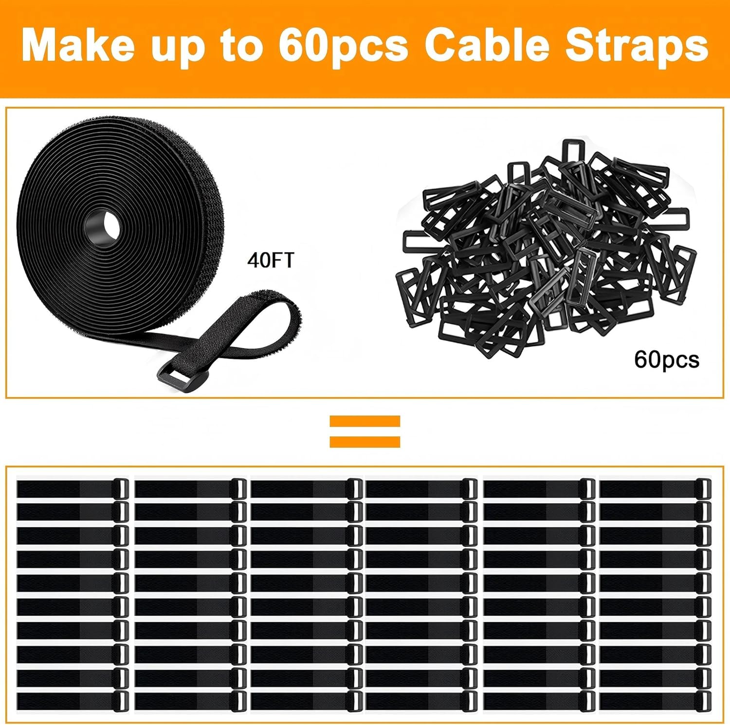 40Ft x 1" Adjustable Cable Straps with 60 Buckles, Hook and Loop Straps, Reusable Nylon Cable Ties for Cord Organiser, Organizer, Cable Tidy, Free Cut Length, Black