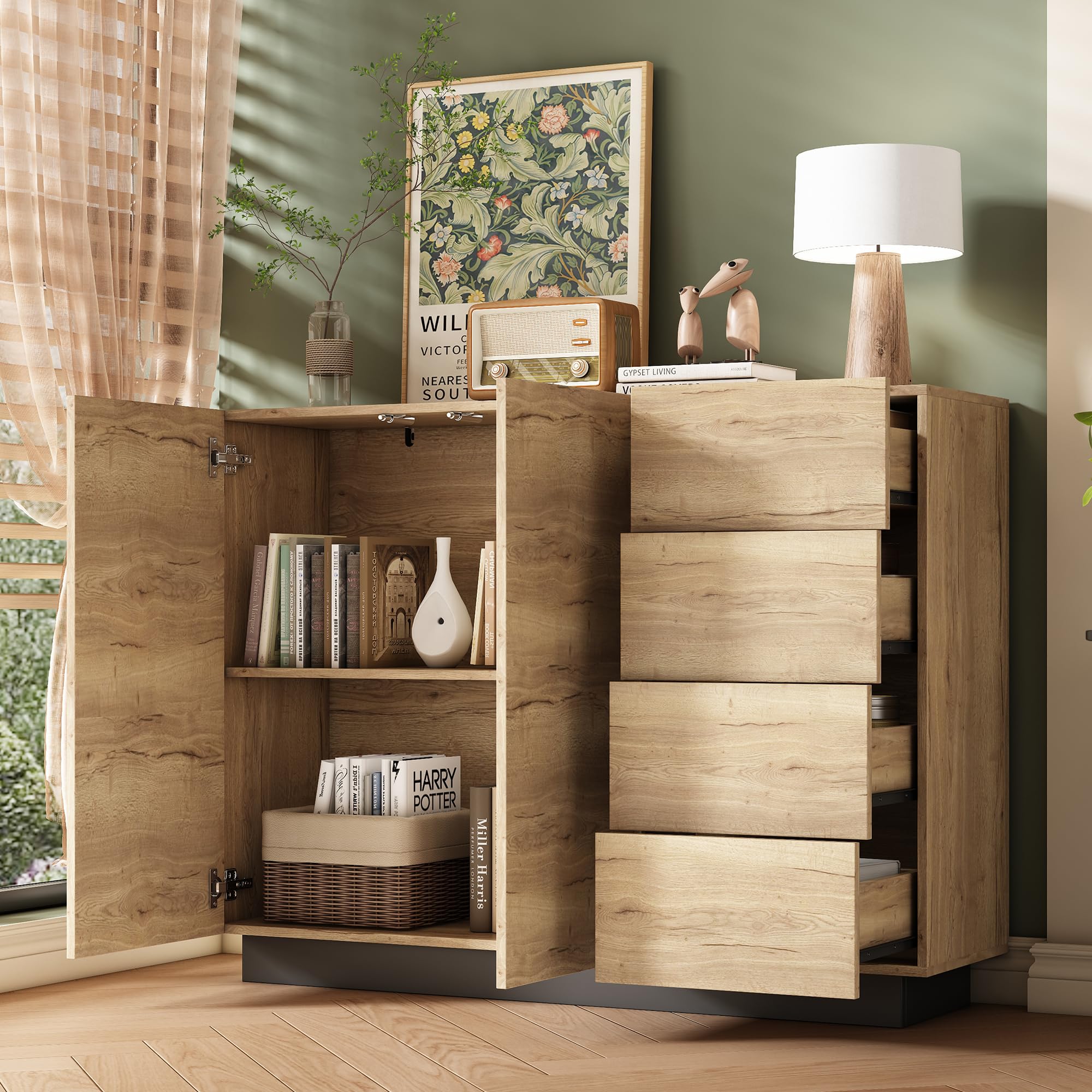 Merax Sideboard Kommode mit 4 Schubladen und Zwei Türen, Schrank 110 cm, Griffloses Design, Buffetschrank mit Großzügiger Stauraum, aus Holz, für Wohnzimmer/Esszimmer, 110x35.5x90.5 cm, Natur&Schwarz