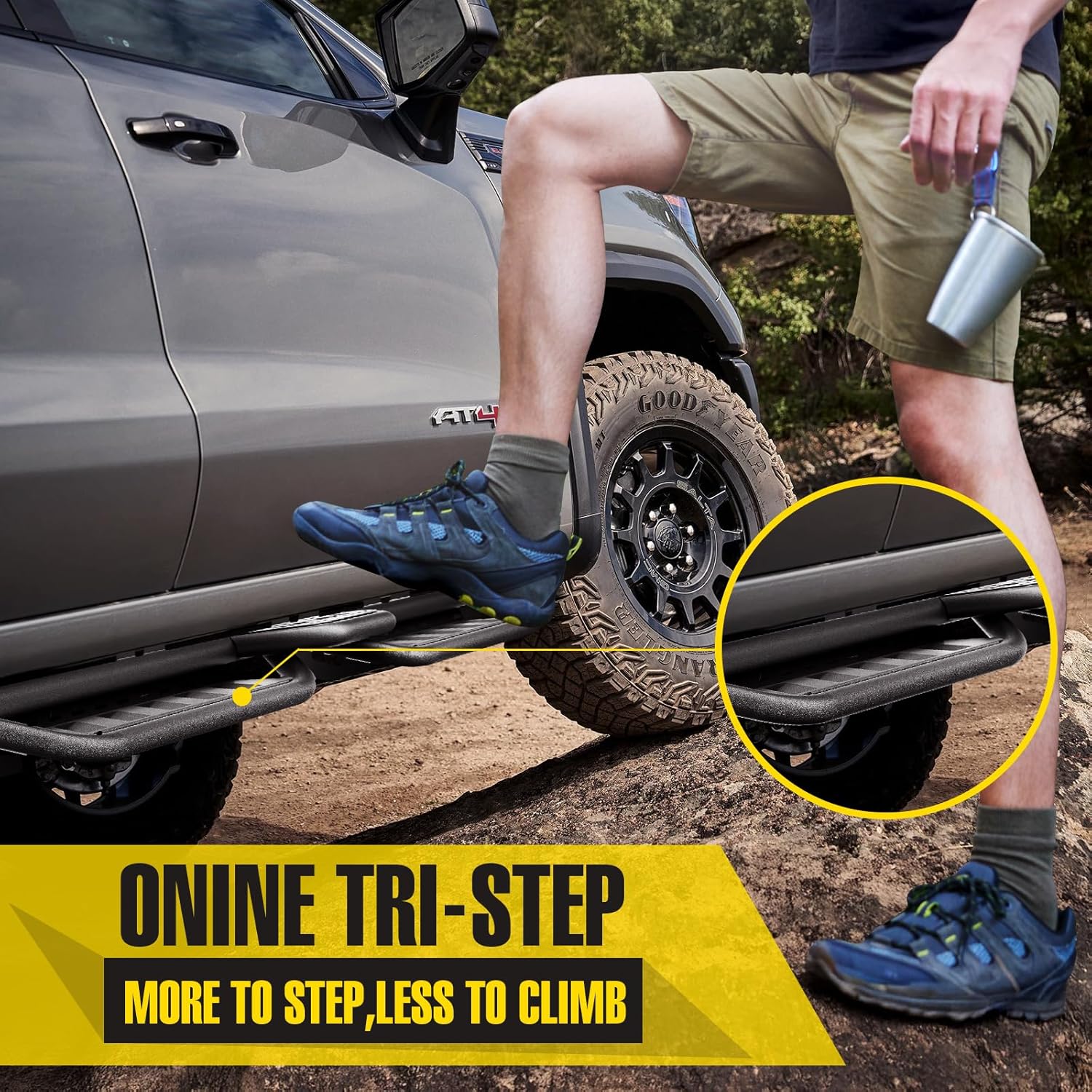 ONINE TCR0110 Tri-Step Custom Fit 2019-2026 Chevy Silverado/GMC Sierra 1500 & 2020-2026 Chevy Silverado/GMC Sierra 2500HD/3500HD Crew Cab Running Boards Side Steps Rock Sliders, Textured Black