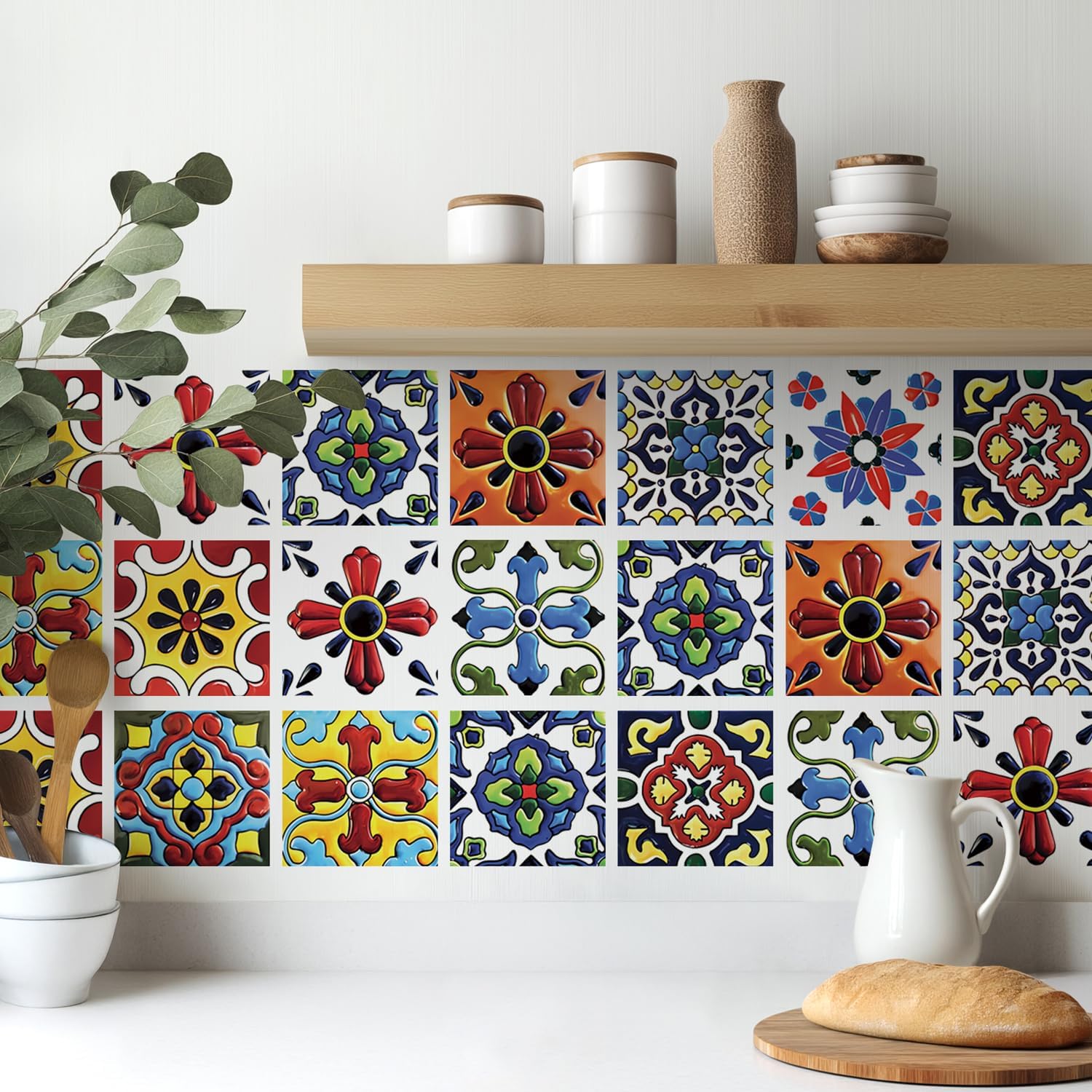 Boho Talavera Peel and Stick Tile Stickers - Easy DIY Backsplash for Kitchen Walls - Waterproof Vinyl Decals for Stairs & Bathroom Decor -30 Pcs 4x4 Inch