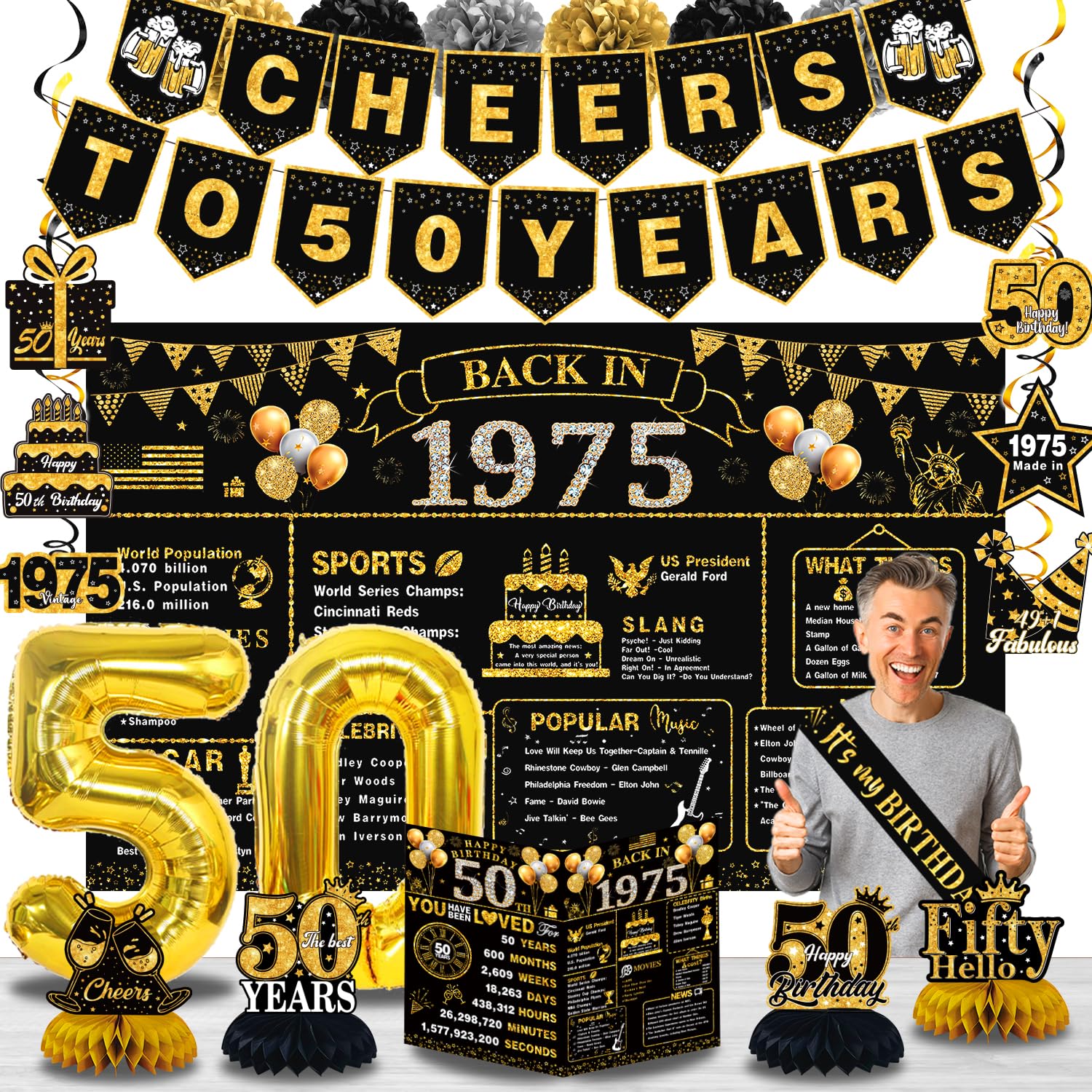 50th Birthday Decorations for Men Women, 22pcs Back in 1975 Banner Decorations,50 Number Balloons Large,50 th Birthday Backdrop, 1975 Guest Book, Honeycomb Centerpiece, Hanging Swirl, Paper Poms, Sash