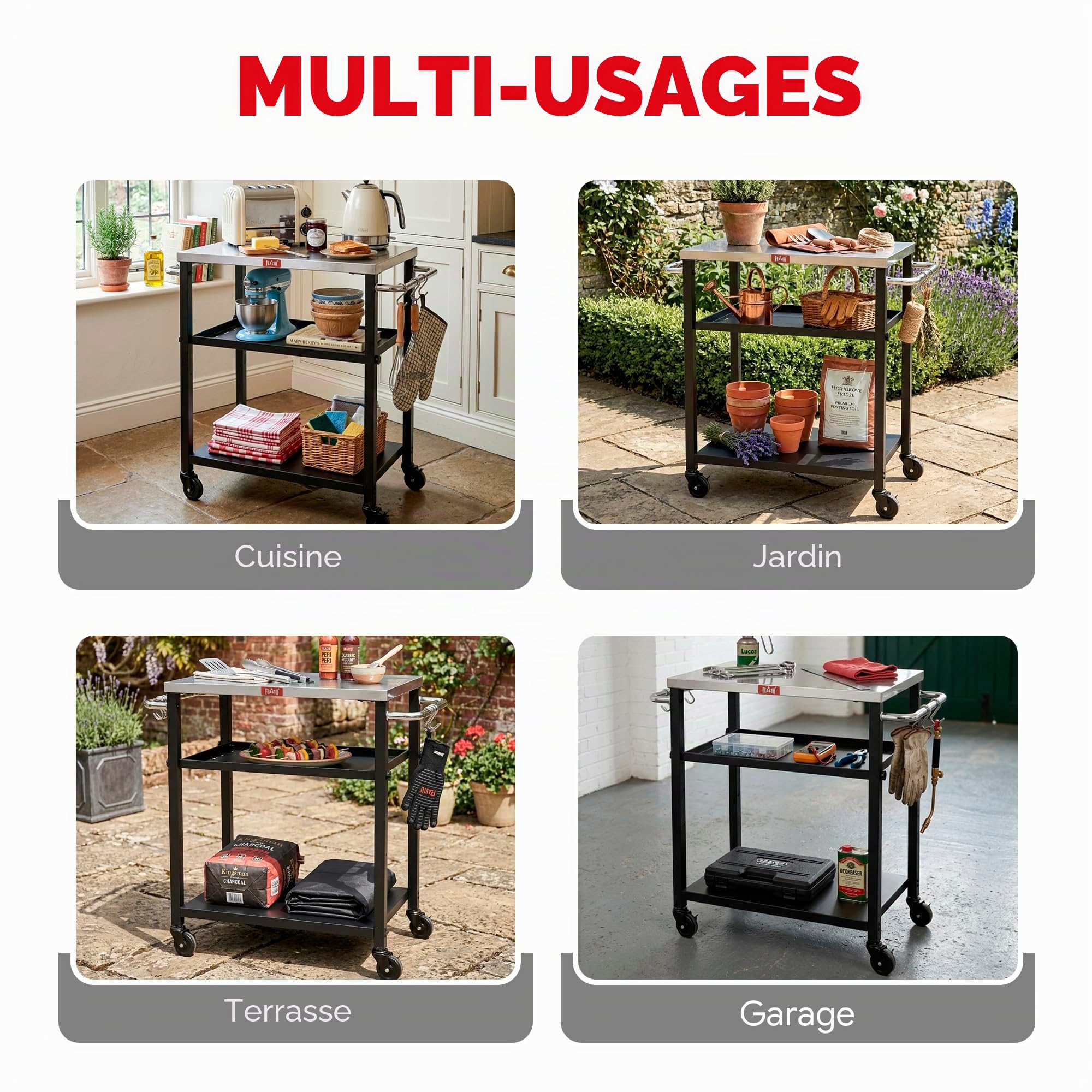 Feasto Table de Grill à 3 étagères, Support de Four à Pizza avec étagère réglable, Chariot de Barbecue Mobile, pour extérieur, Chariot de Bar avec roulettes, Plateau en Acier Inoxydable, 86,4 x 40,6