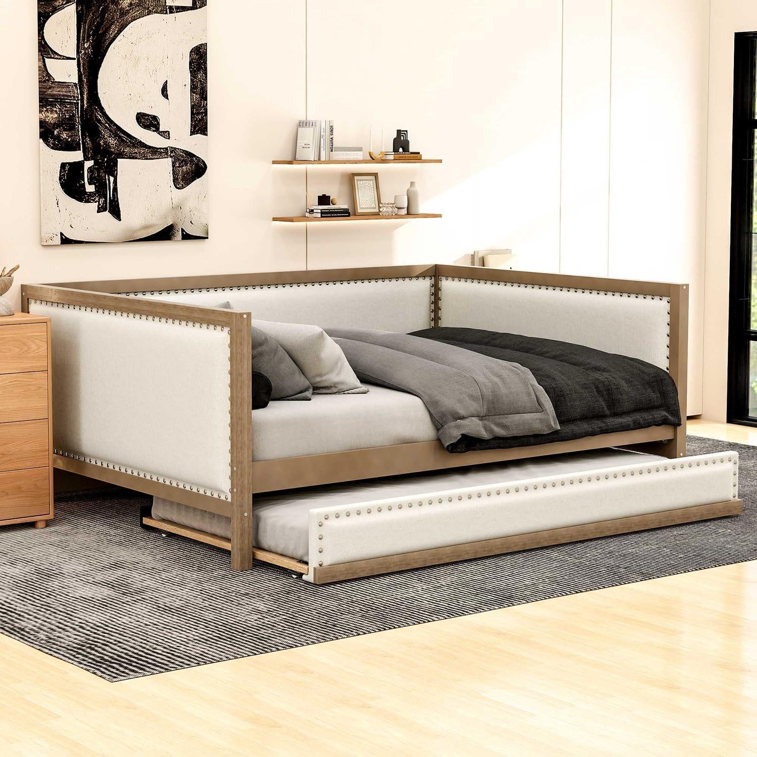 Full Size Upholstered Daybed with Trundle, Nailhead Decoration, Wood Color – Elegant Linen Design, Space-Saving Sleeper for Modern Rooms