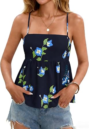 Yousify Womens Babydoll Tank Tops Spaghetti Strap Floral Cami Top Summer Cute Square Neck Flowy Peplum Shirts