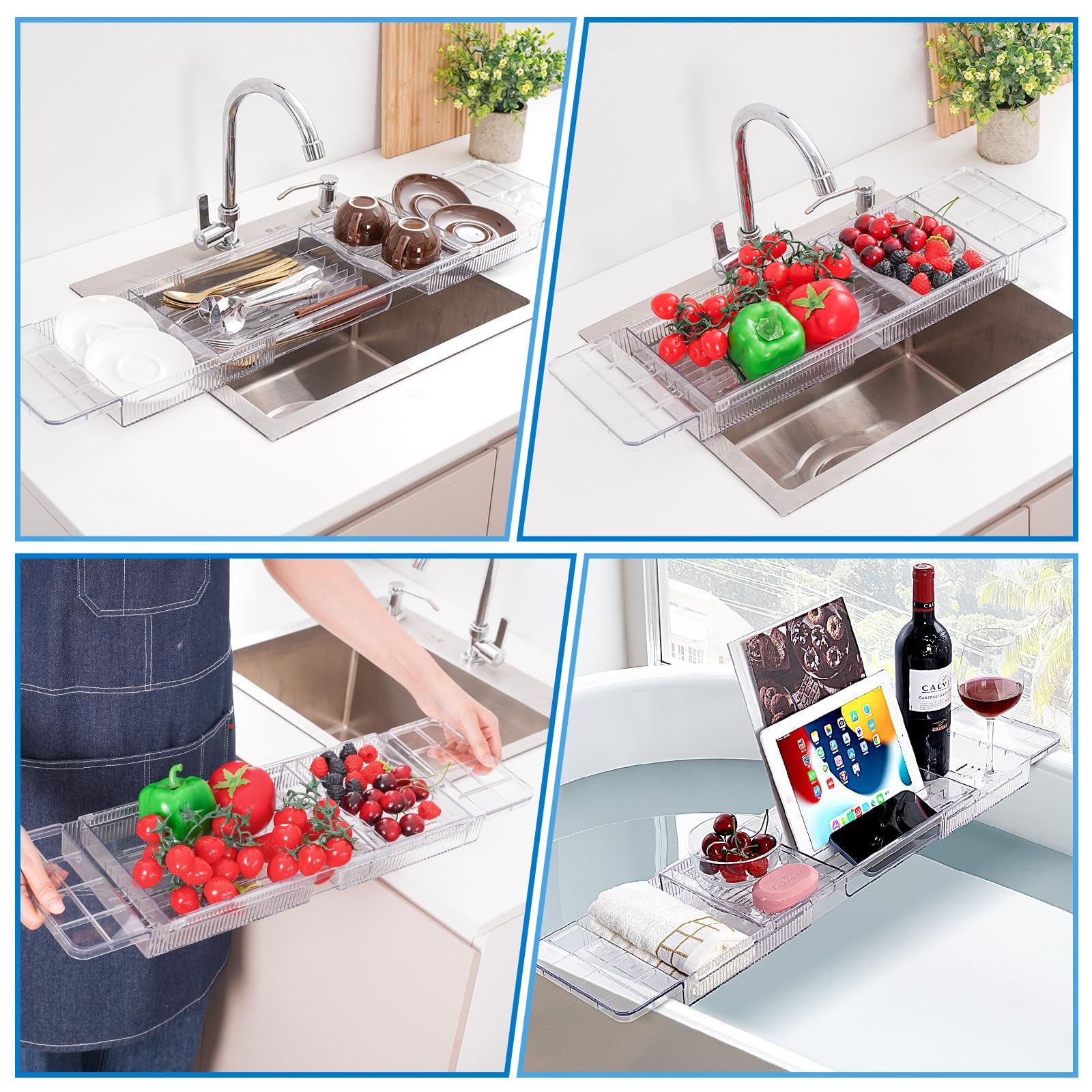 Bandeja para Bañera de Acrílico, Bandejas Bañera Jacuzzi para Bañera para Una Bandeja de Baño Retráctil para Bañera, Accesorio de Baño para Copas de Vino, Libros, Tabletas, iPad y Teléfono