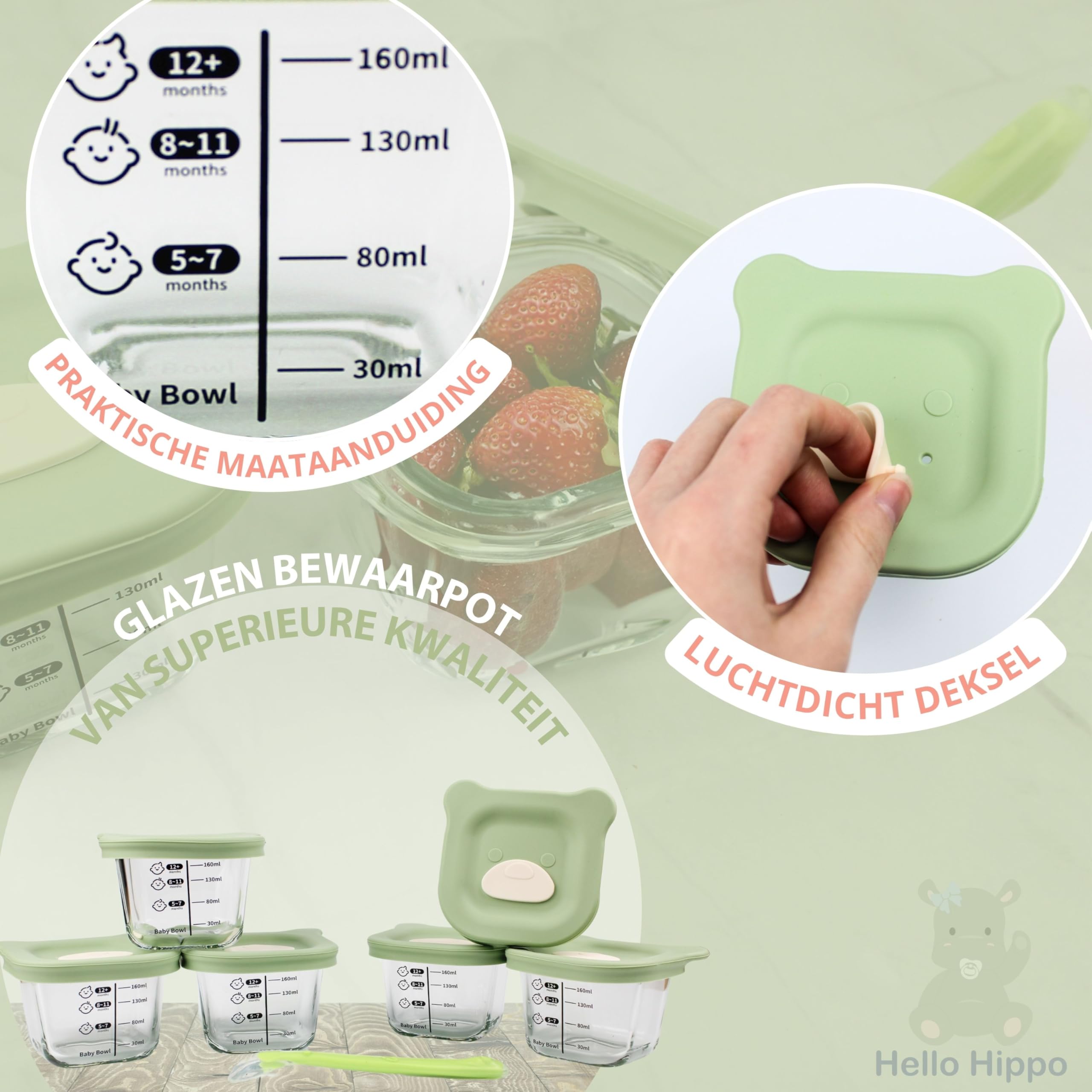 HELLO HIPPO® Zestaw 6 szklanek dla niemowląt, 180 ml – idealny do kompotów, przecierów i frutas, Herméticos y Prácticos con Graduación, Cuchara Incluida – Perfectos para Comidas de Baby