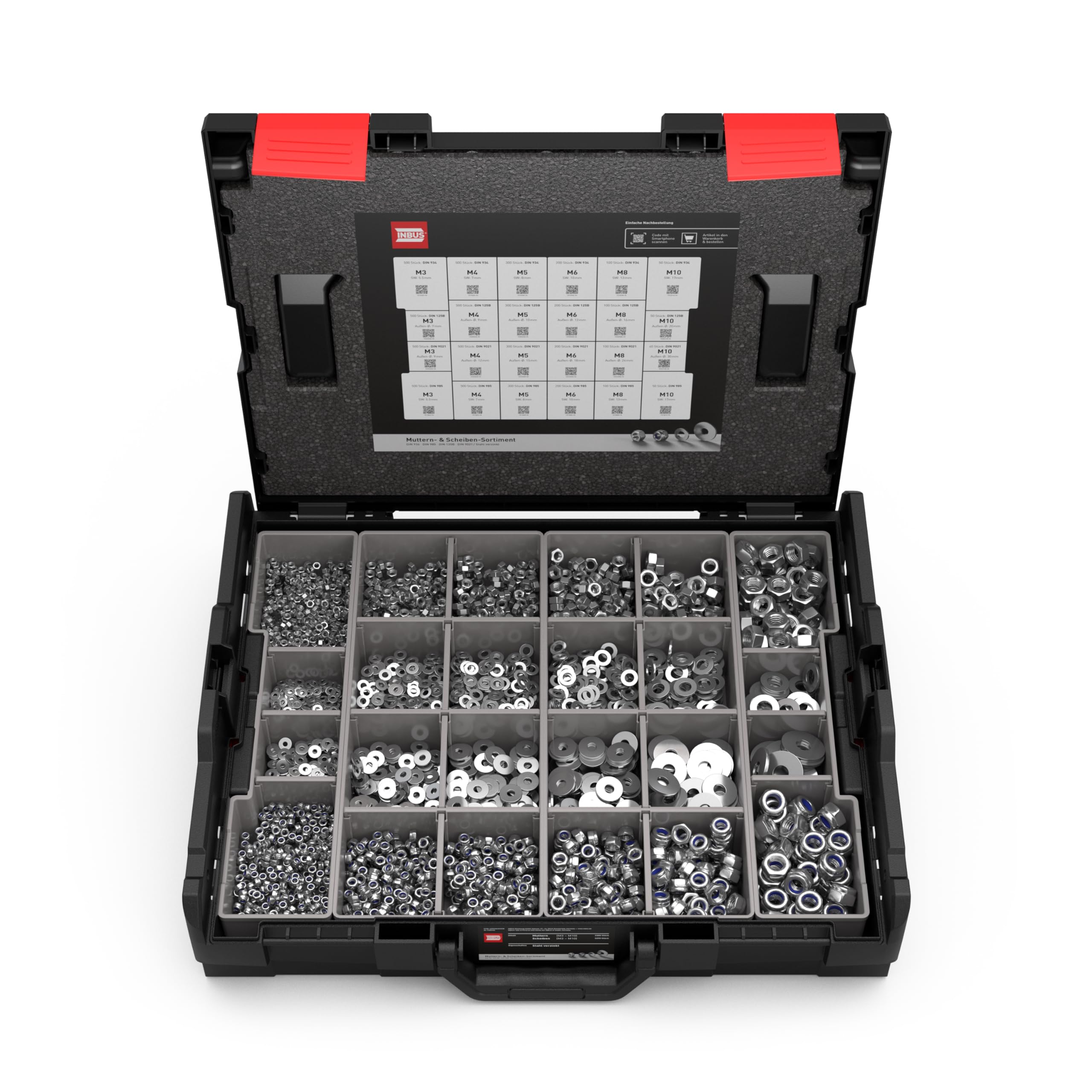 INBUS® Muttern und Unterlegscheiben Sortiment in L-BOXX (Edelstahl A2), 6590 Stück — Das Original