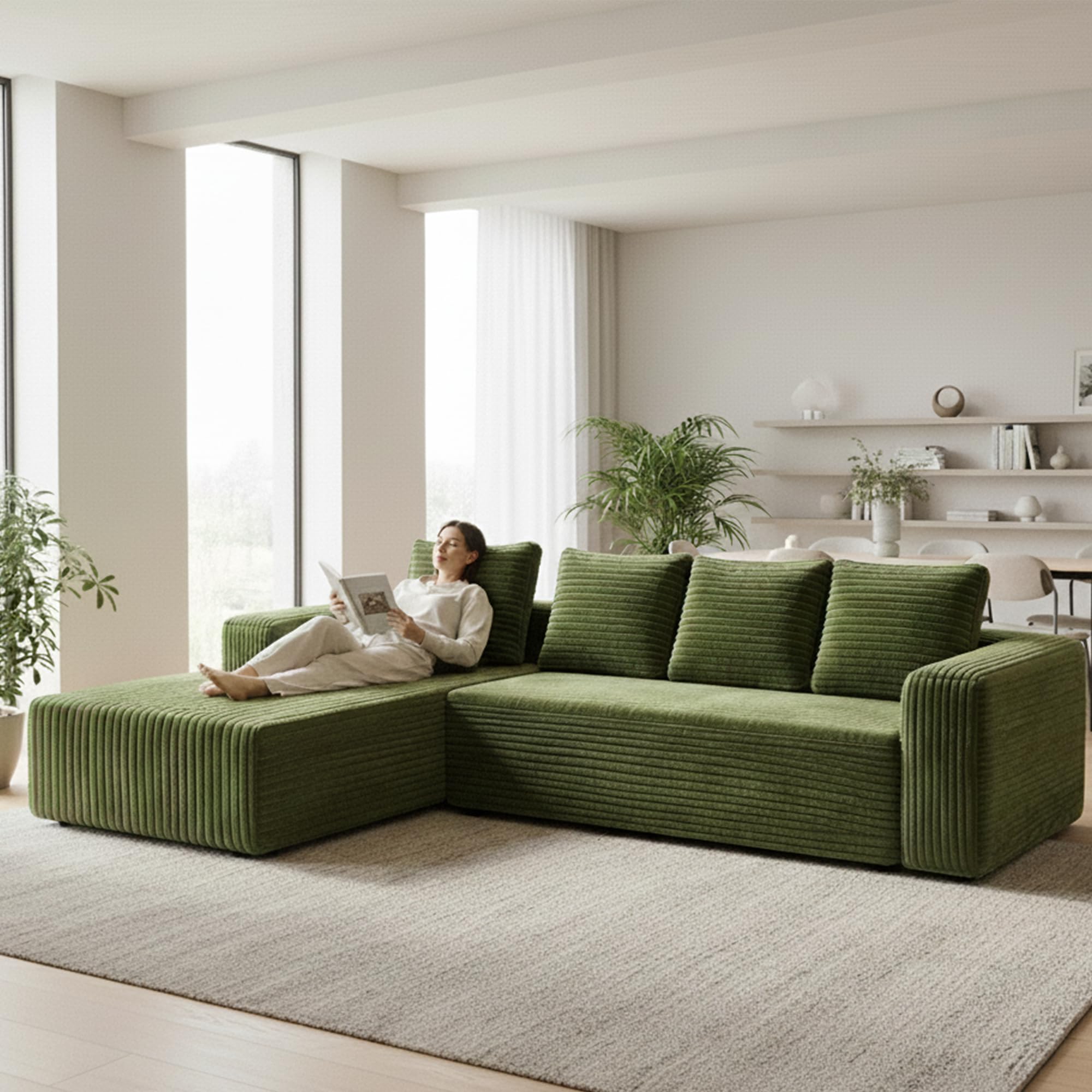 Canapé d'angle 261x145cm en Velours Côtelé - Mousse à Mémoire et Haute Résilience - Confort Orthopédique et Respirant - Canapé d'accueil Moderne Vert pour Salon