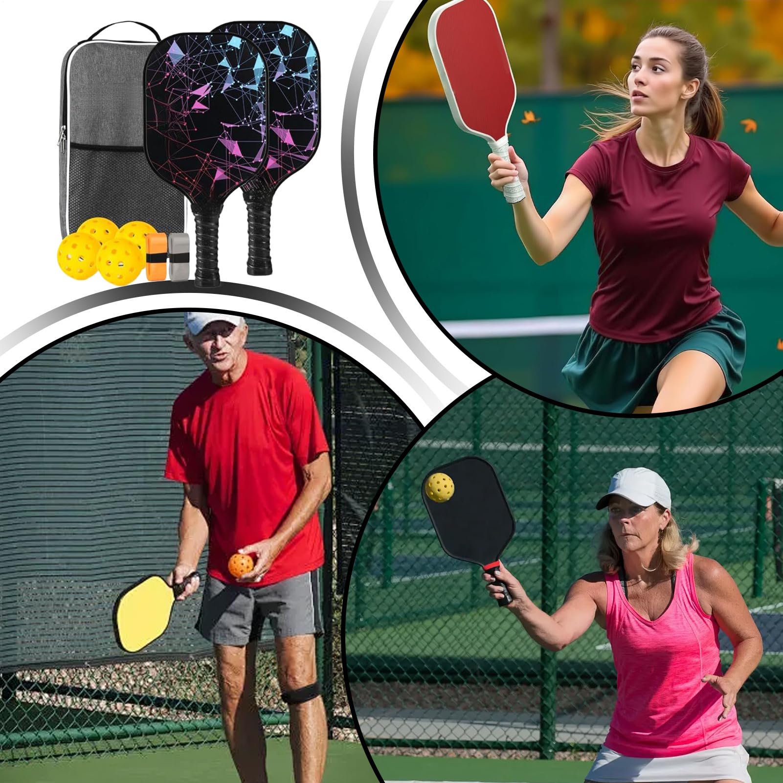Set di pickleball,Set di racchette da pickleball | Accessori sportivi leggeri in fibra di vetro ergonomici per la casa all'aperto e gli esercizi interni, uomini, donne, ragazzi e ragazze