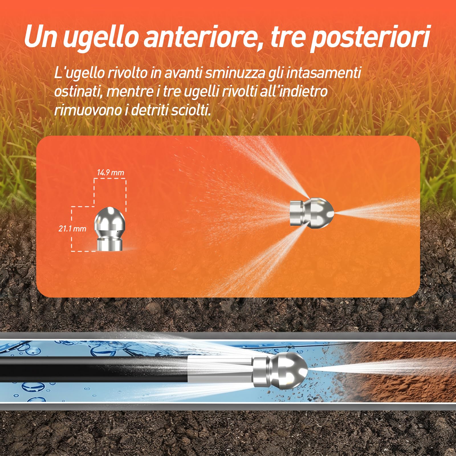 30M Sonda Sturatubi per Idropulitrice Lavor&Kärcher&Bosch AQT | Connessione da 1/8 di pollice Tubo per Idropulizia Fognature con Ugello Compatto e Rotante