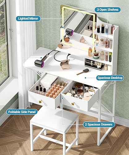 Miniatura 4 de Escritorio de tocador de maquillaje con silla, pequeño escritorio de tocador con espejo y luces, mesa de tocador con estación de carga y panel