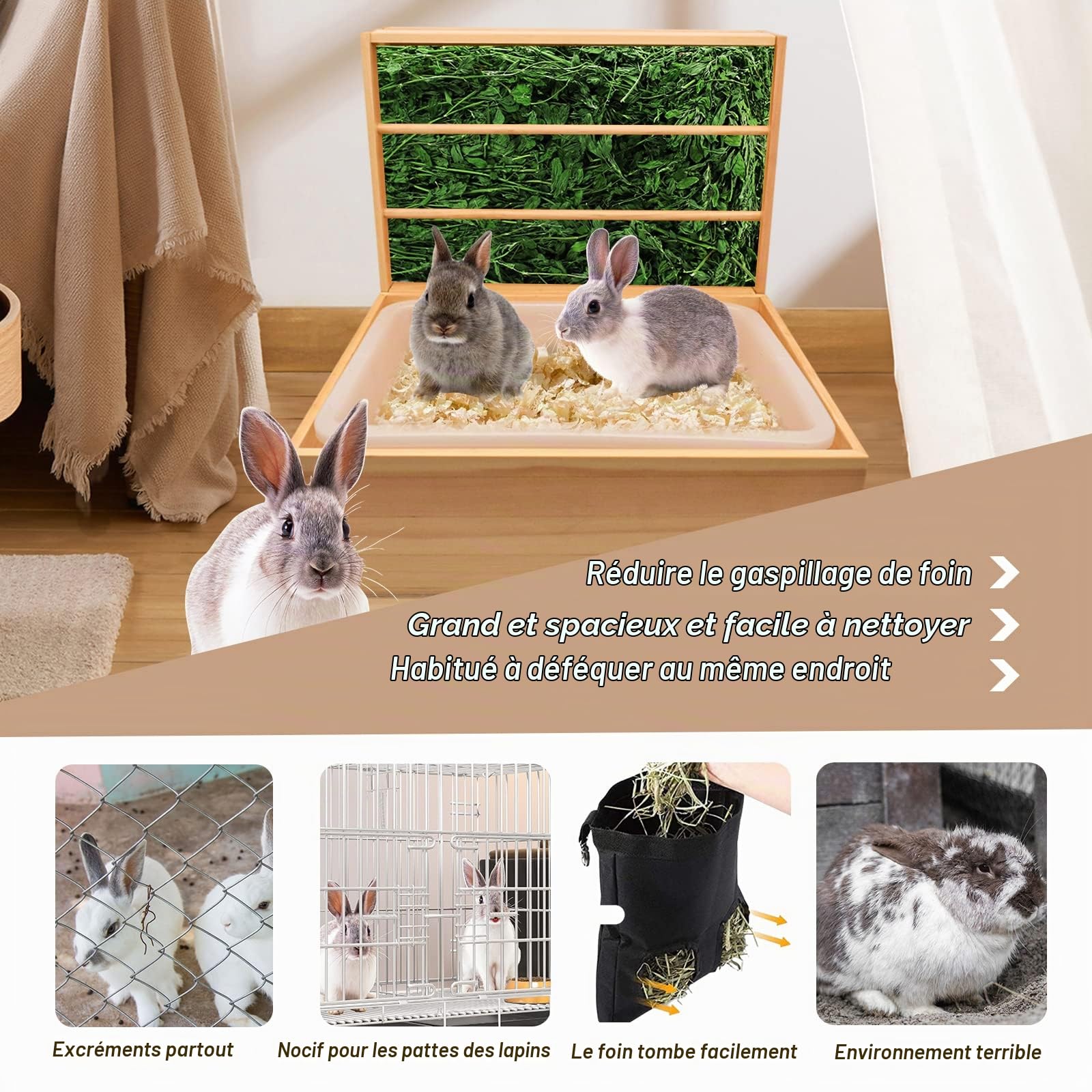 Râtelier à Foin en Bois Mangeoire à Foin en Bois pour Cochon d'Inde 2 en 1 Ratelier Lapin avec Bac à Litière en Plastique Amovible Support à Nourriture en Herbe pour Petits Animaux 43 * 13.5 * 31.5cm