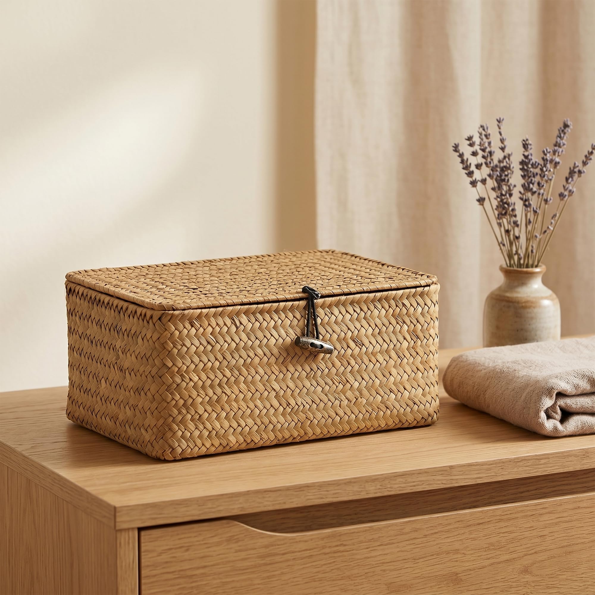 Set di 3 cestini per erba marina con coperchio, in vimini intrecciati naturali, rettangolari, in rattan con coperchio, per soggiorno, bagno, cucina, organizzazione