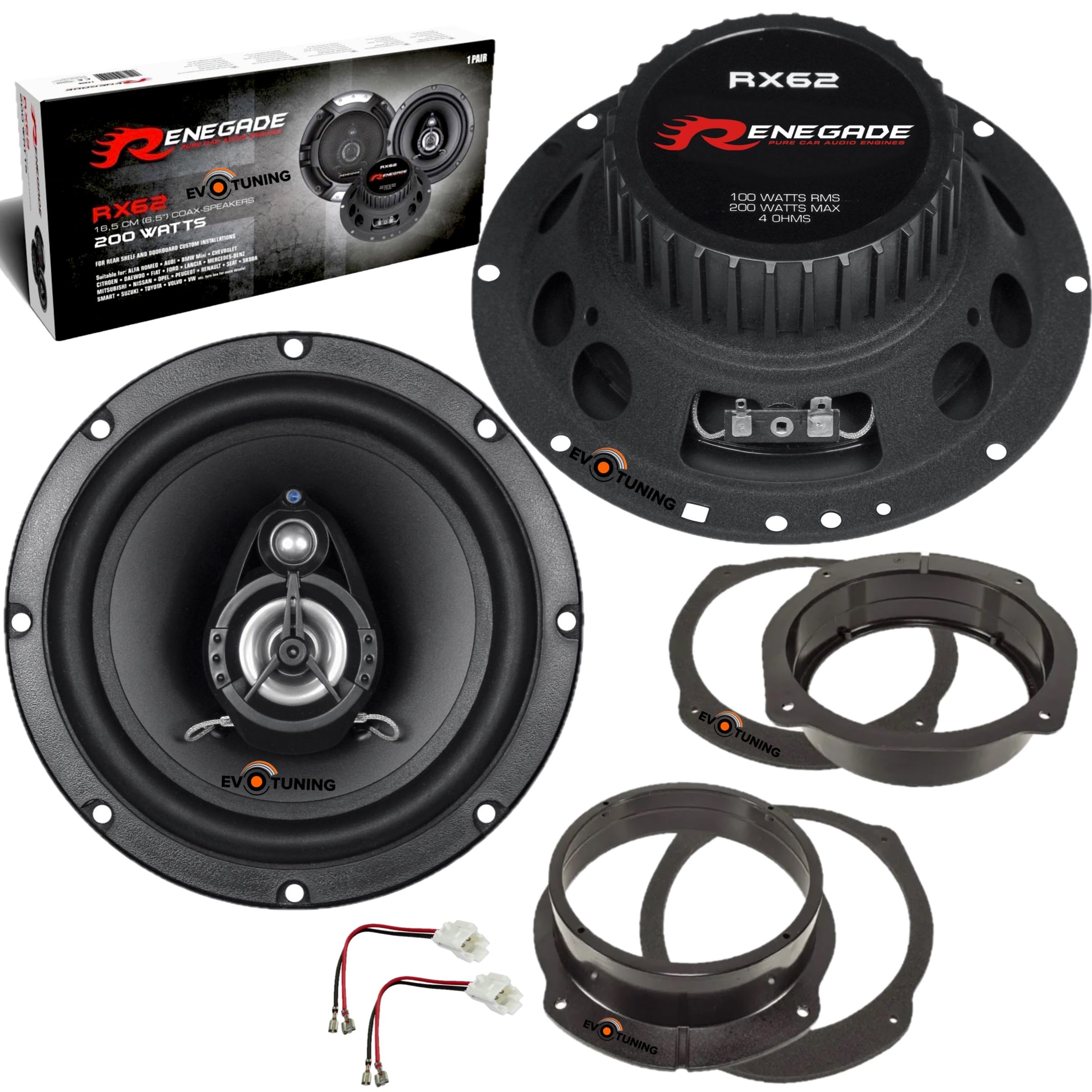 Kit 2 Casse Altoparlanti Anteriori o Posteriori per Fiat Stilo*, Set Coassiali 2 Vie 165 mm compatibile con Renegade RX62 + 2 Anelli e Cavi Adattatori