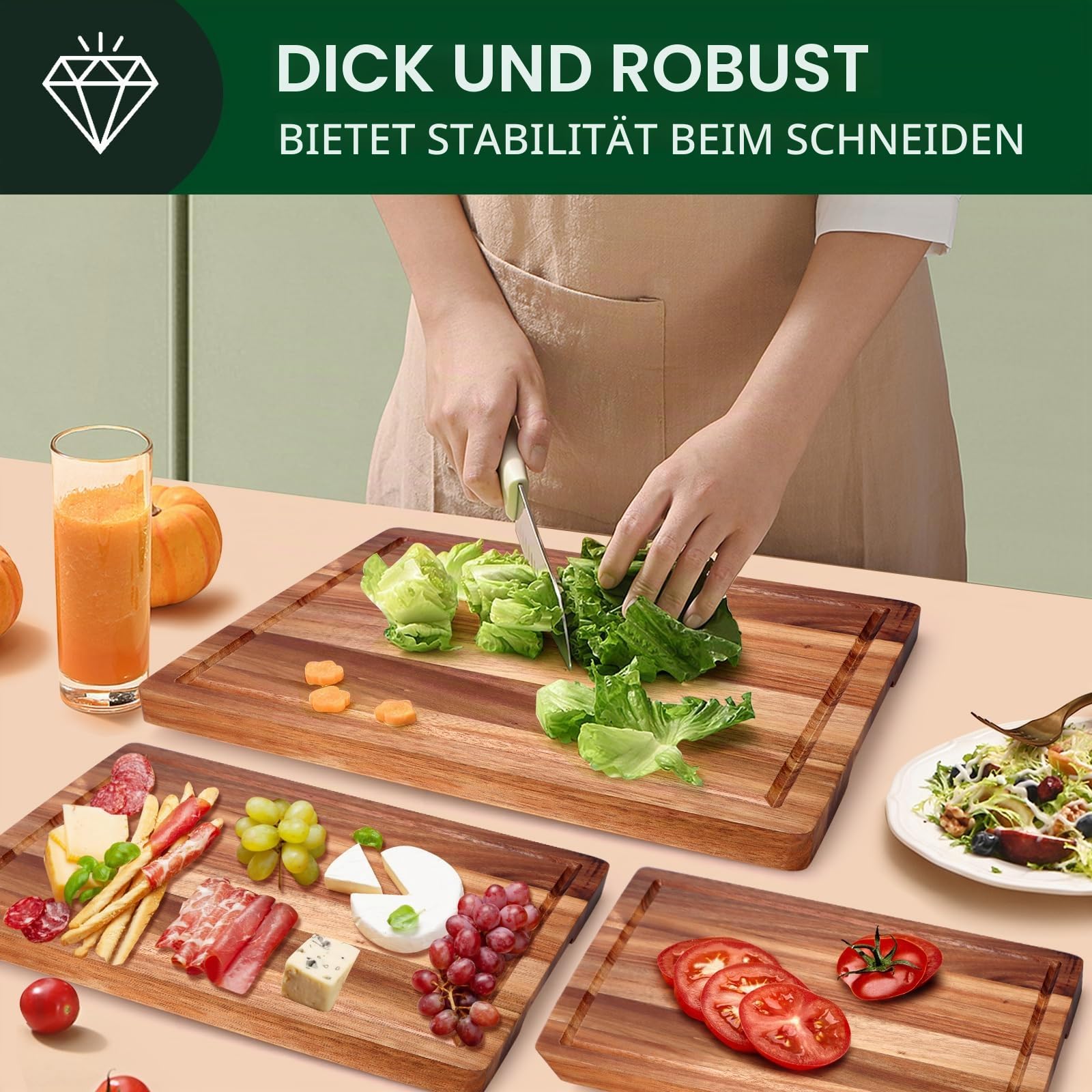 Extra großes Schneidebrett aus Akazienholz, 3er-Set, Schneidebrett aus Holz, mit Halter, Obstschneidebretter, Charcuteriebretter für Küche, Brot, Käse, Servierbrett, Fleisch, Schneidebrett