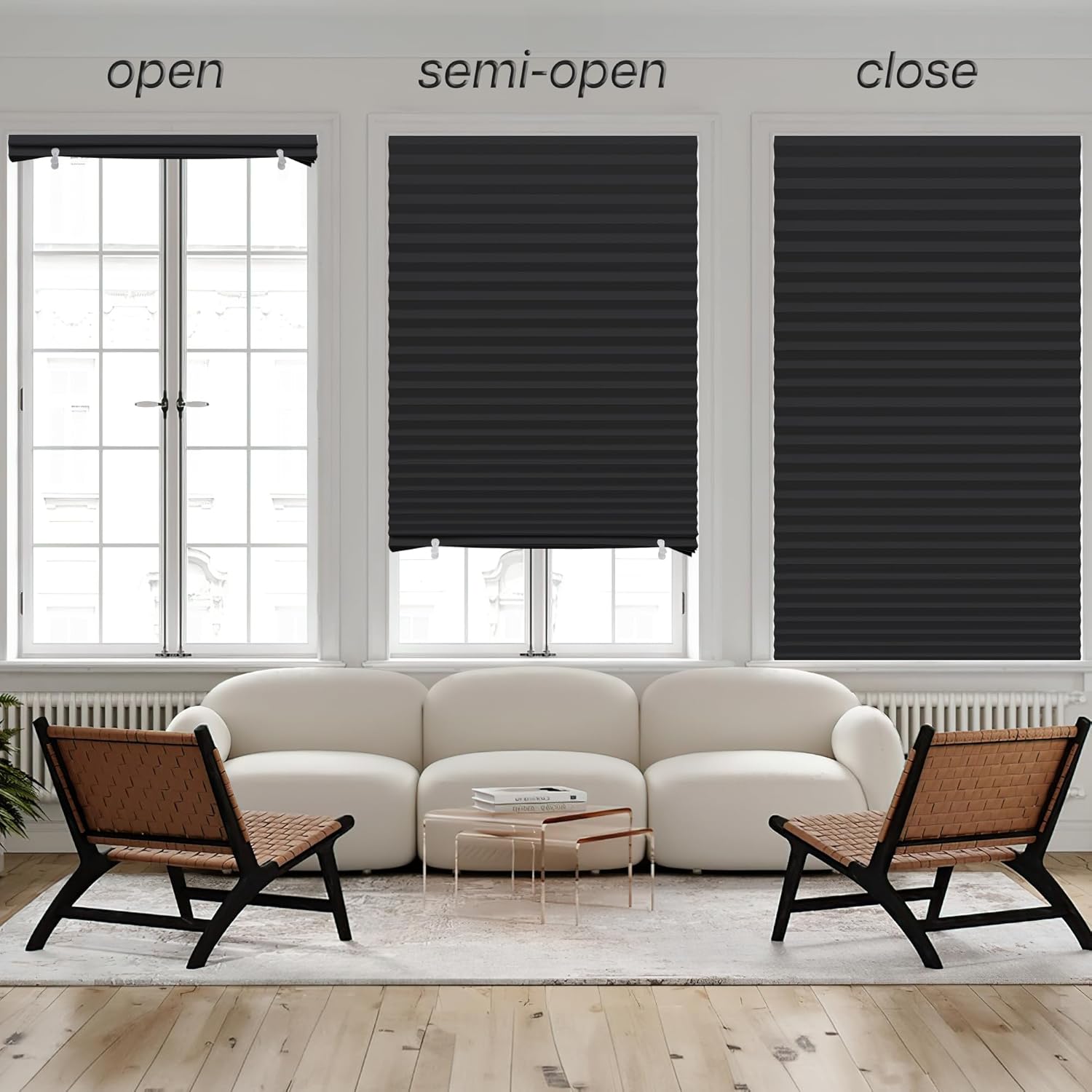 LazBlinds No Tools No Drill Cordless Lift Cut to Size Pleated Paper Blinds for Windows, Blackou Clip On Self Adhesive Temporary Window Blinds for Home(36" W x 72" H x 6 Pack, Black)