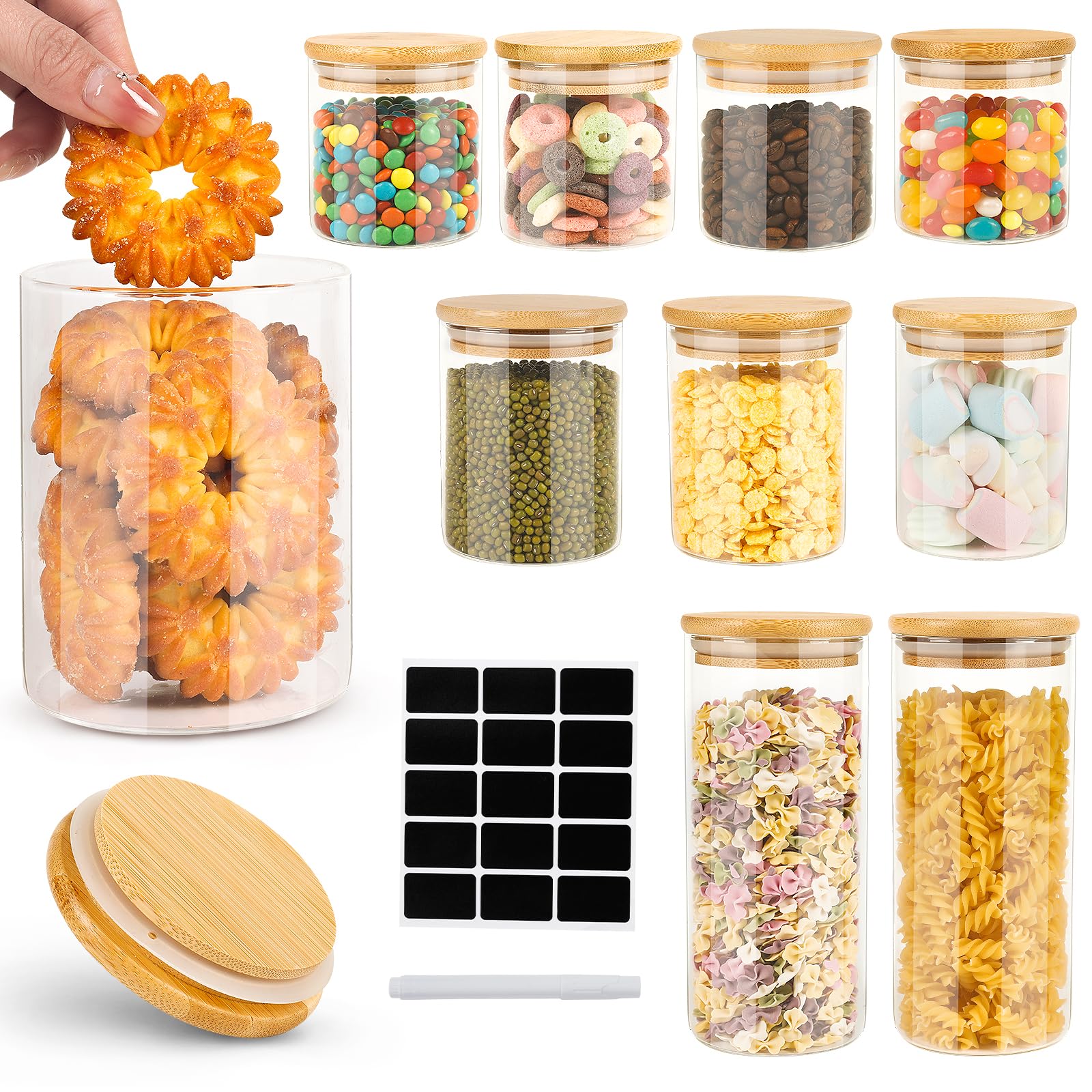 Cinnani Bocaux en Verre Lot de 10, Rangement Cuisine Avec Couvercle en Bois et Rondelle, Hermétique Pour Céréales, Cornflakes, Sucre, Spaghetti