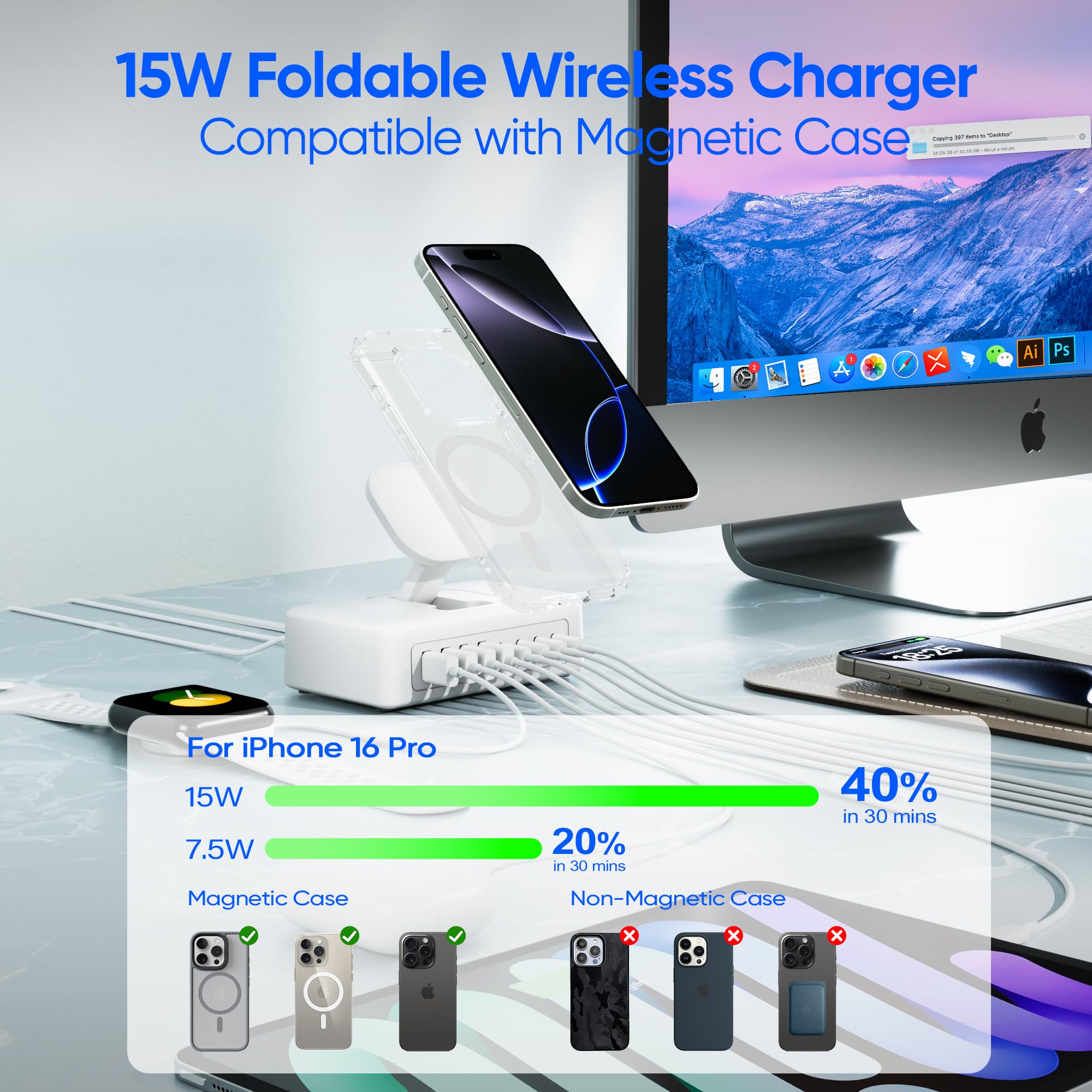 11 w 1 listwa zasilająca USB C, blok ładowarki USB C 160 W, 2 gniazda AC, 4USB-A, 4USB-C do MacBooka, iPhone'a 16/15/14, płaski kabel 1,5 m, ładowarka do komputera