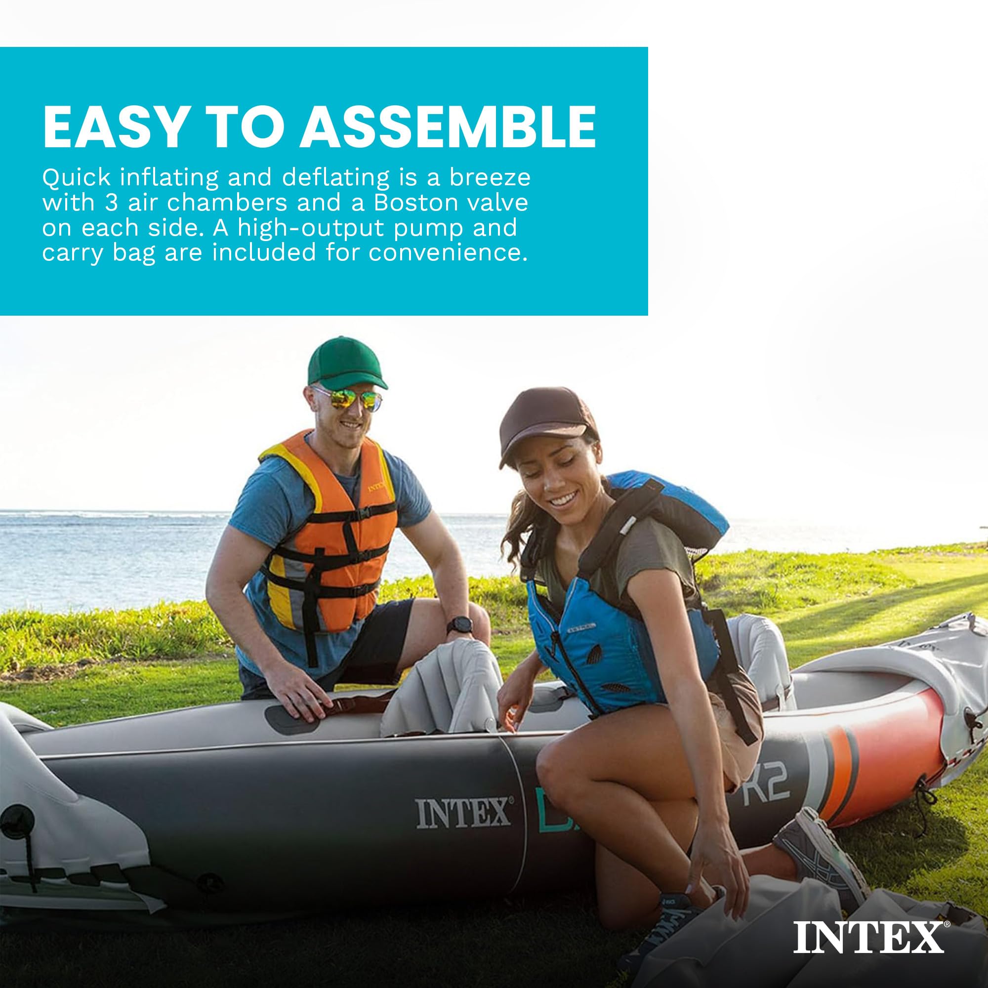 Intex 68310VM Dakota K2 - Kayak gonflable en vinyle résistant pour 2 personnes avec rames de 200 cm et pompe à air, gris et rouge