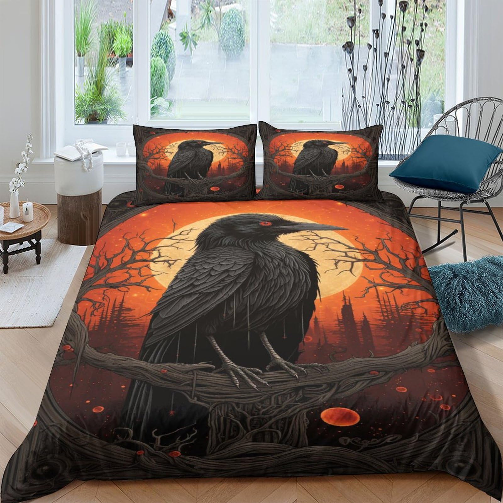 Ensemble de housse de couette animaux d'art corbeau 200x200cm avec taies d'oreiller en microfibre