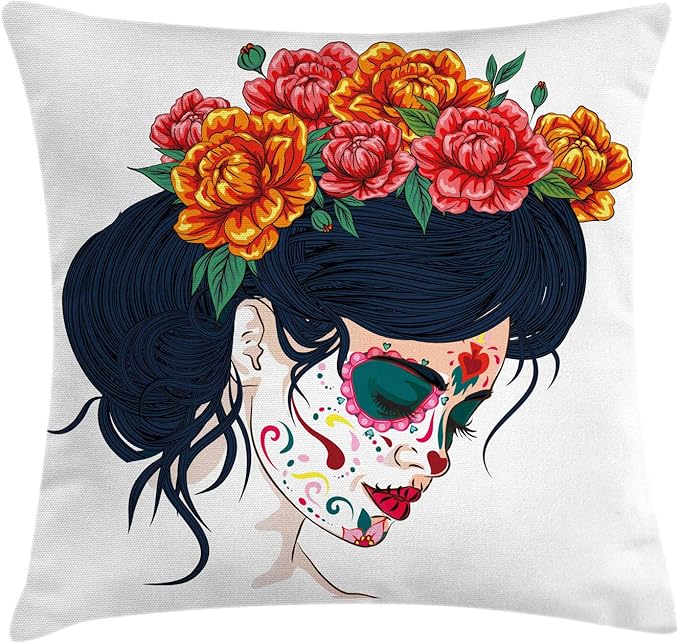 Ambesonne Day of The Dead Throw Pillow Cushion Cover, Girl with Sugar Skull Makeup and Floral Wreath Cartoon Graphic, Decorative Square Accent Pillow Case, 26