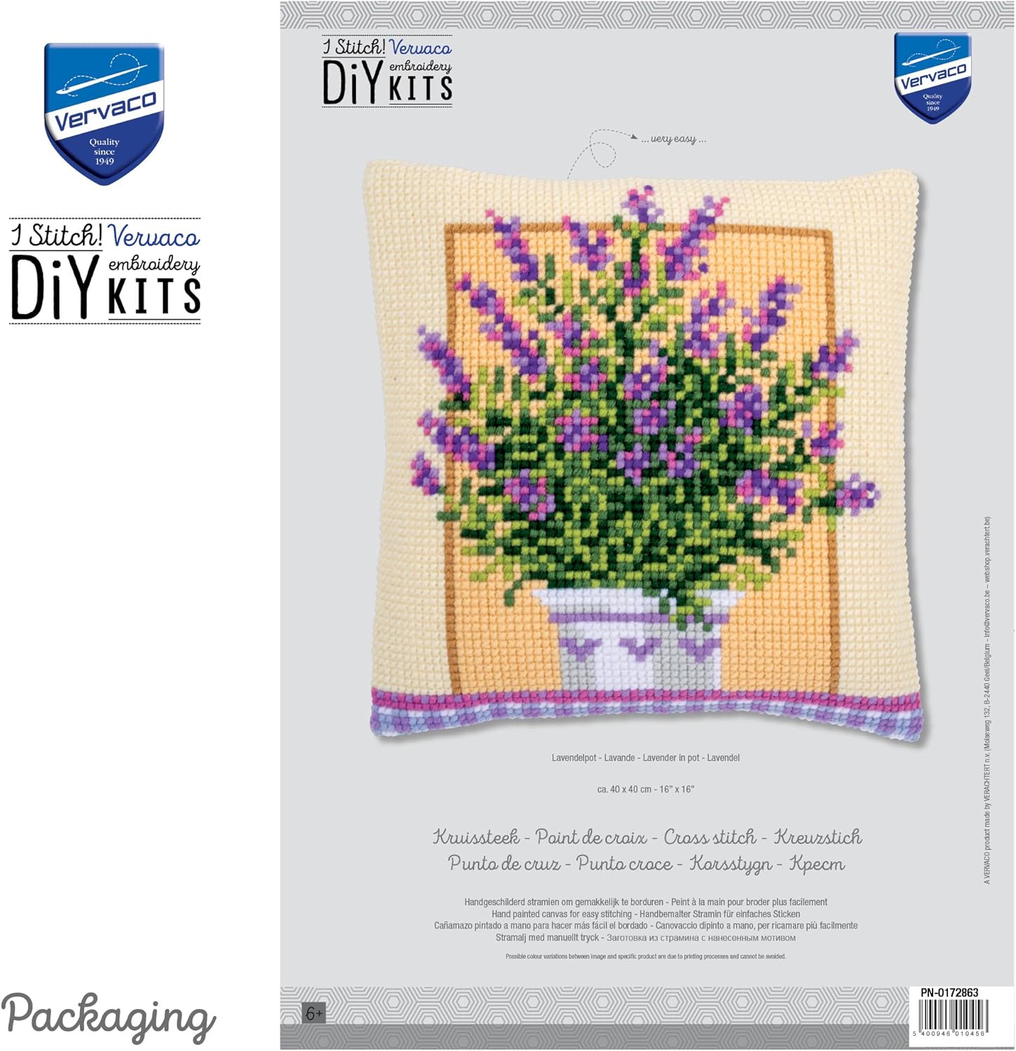 Vervaco Cross Stitch Embroidery Kits Pillow Front for Self-Embroidery with Embroidery Pattern on 100% Cotton and Embroidery Thread, 15,75 x 15,75 Inches - 40 x 40 cm, Lavender in Pot