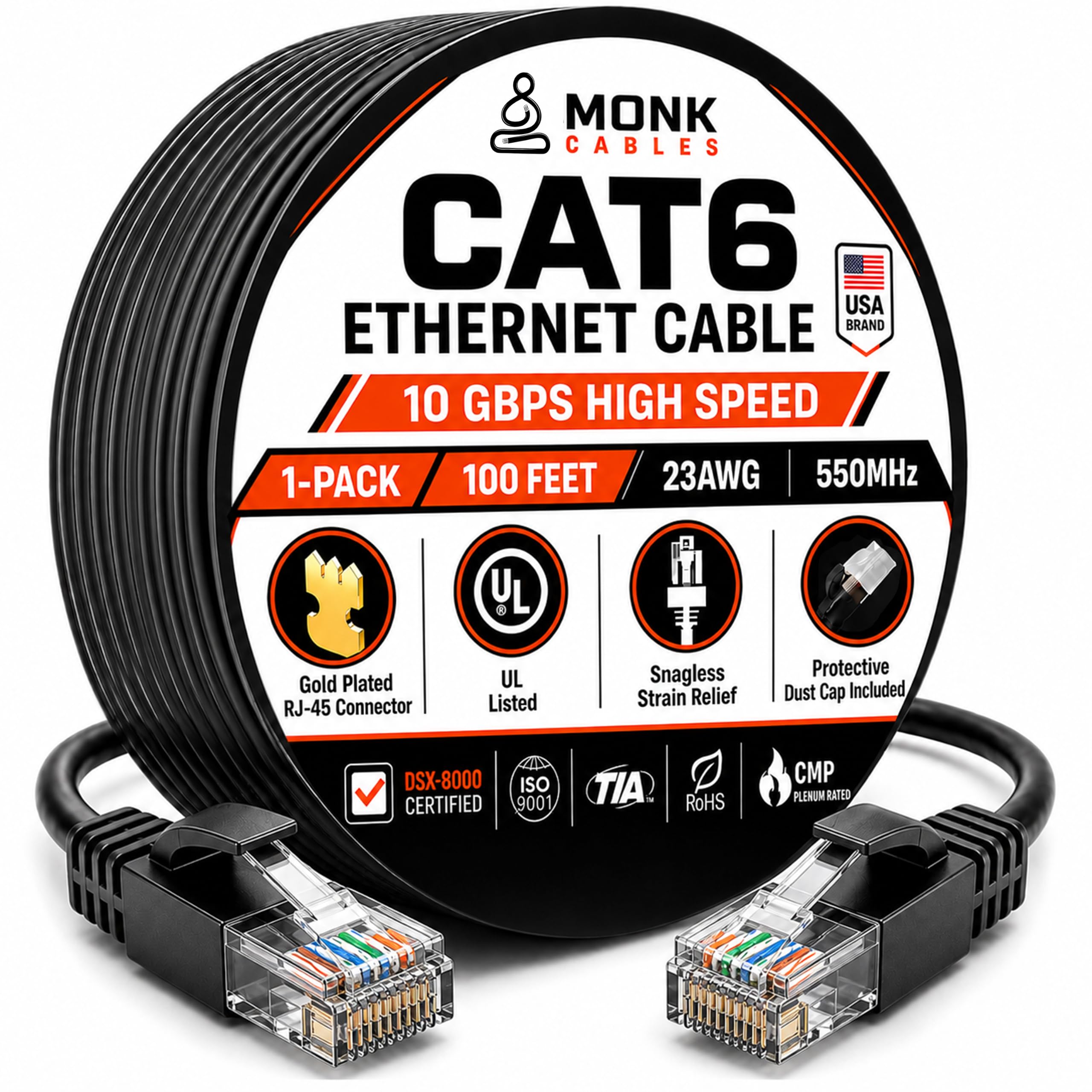 MONK CABLES | Câble Ethernet LAN CAT 6 de 30,5 m | Câble de raccordement CAT6 RJ45 | Noir