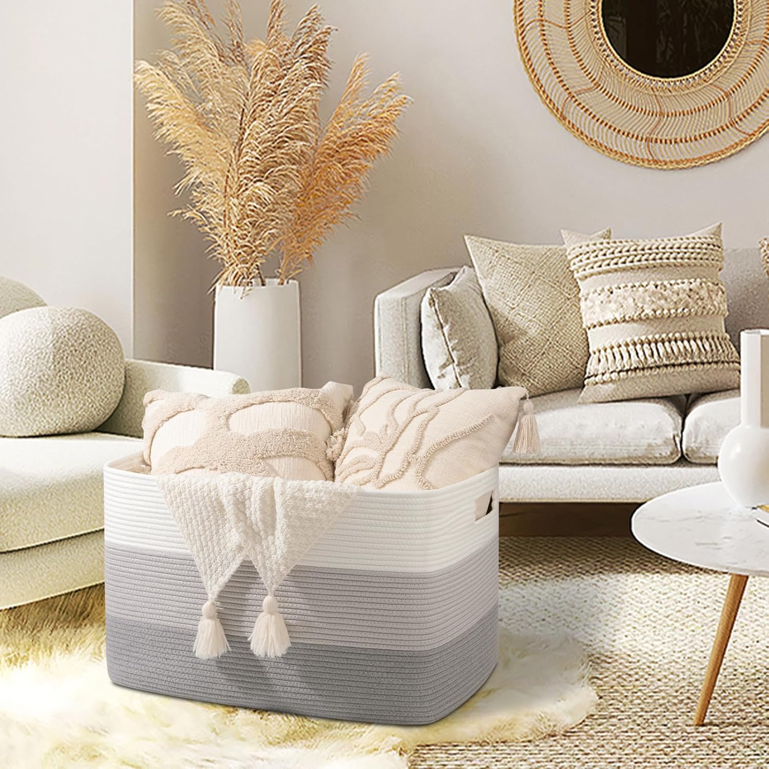 OIAHOMY 118L Extra Large Blanket Basket, Rectangle Woven Cotton Rope Storage Basket, Used for storing Dirty Clothes, Stuffed Animal Toy Storage for Living Room,Kids Room,25" x 17" x 16", Gradient Grey