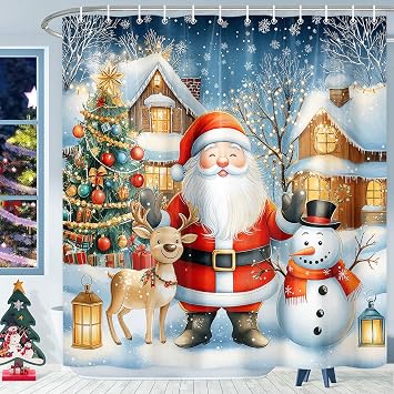 Cute Christmas Shower Curtain, Winter Cartoon Santa Claus Reindeer Snowman Xmas Tree Village Bathroom Curtain Set, Xmas Eve New Year Holiday Fabric Bathtub Decor with Hooks, 70X70IN