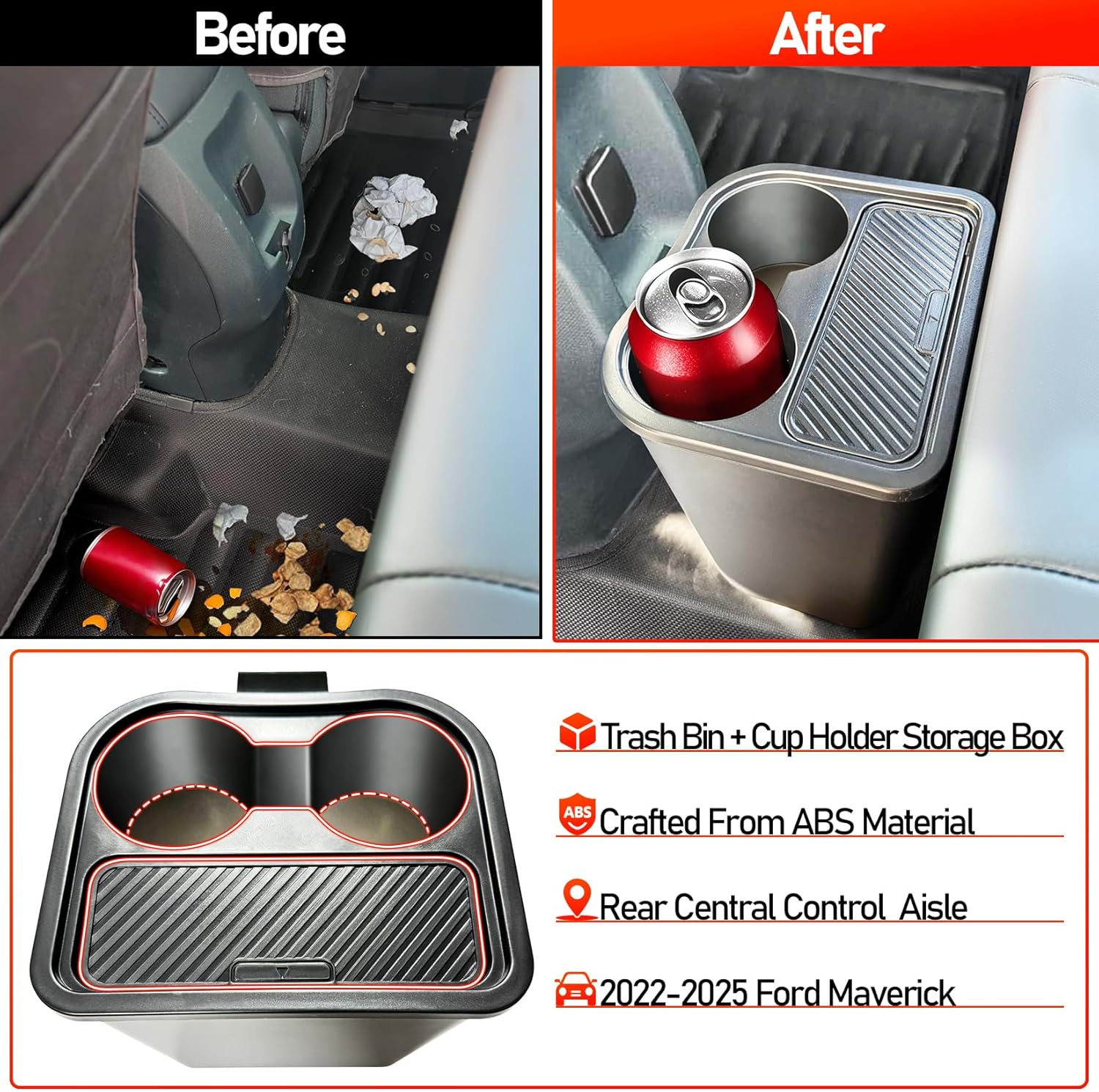 Cup Holder Trash Can for Ford Maverick Accessories 2022-2026 Multi-Function Garbage Cans with Extra Rear Storage Box & Easy Removal Trash Bin with Cup Holder, Extra Rear Storage Box