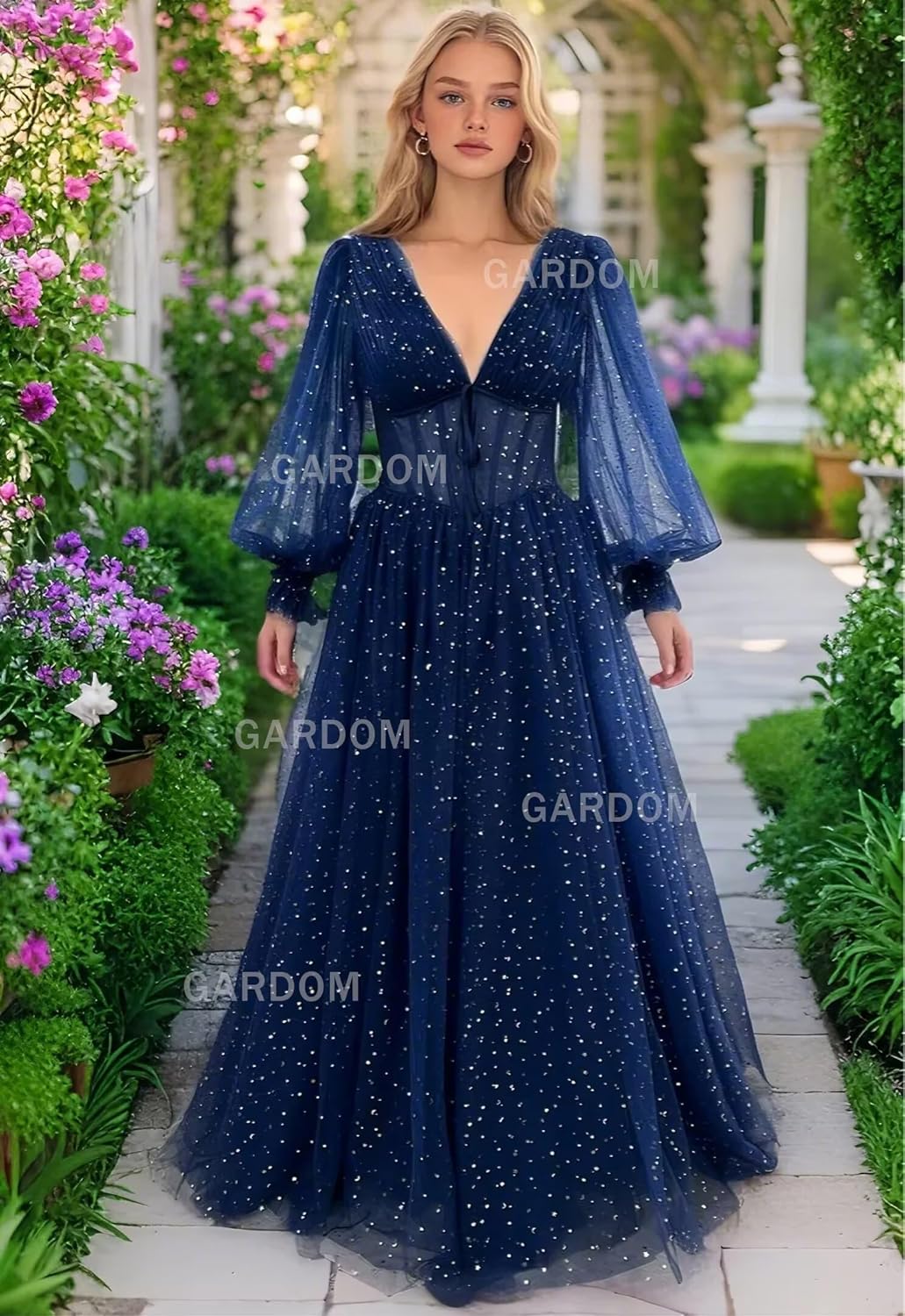 GARDOM Sparkly Starry Tulle Prom Dresses with Sleeves for Teens Long Puffy Sleeve Ball Gown Formal Evening Gown Pockets - Image 2