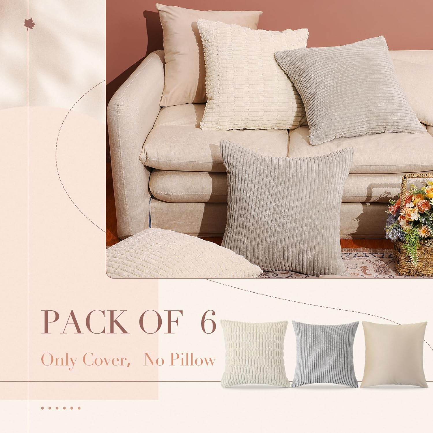 Preboun 6 Pcs 18x18 in Neutral Decorative Throw Pillow Covers Velvet Pillow Cases Boho Neutral Home Decor Soft Plush Striped Corduroy Square Cushion Cover for Couch Bed Sofa Rustic Farmhouse