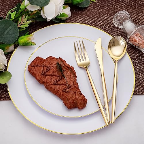 Miniatura 10 de Rubtlamp 90 cubiertos de plástico dorados, utensilios de plástico dorados con asas rosas que incluyen 30 cuchillos de plástico dorado, 60 tenedores