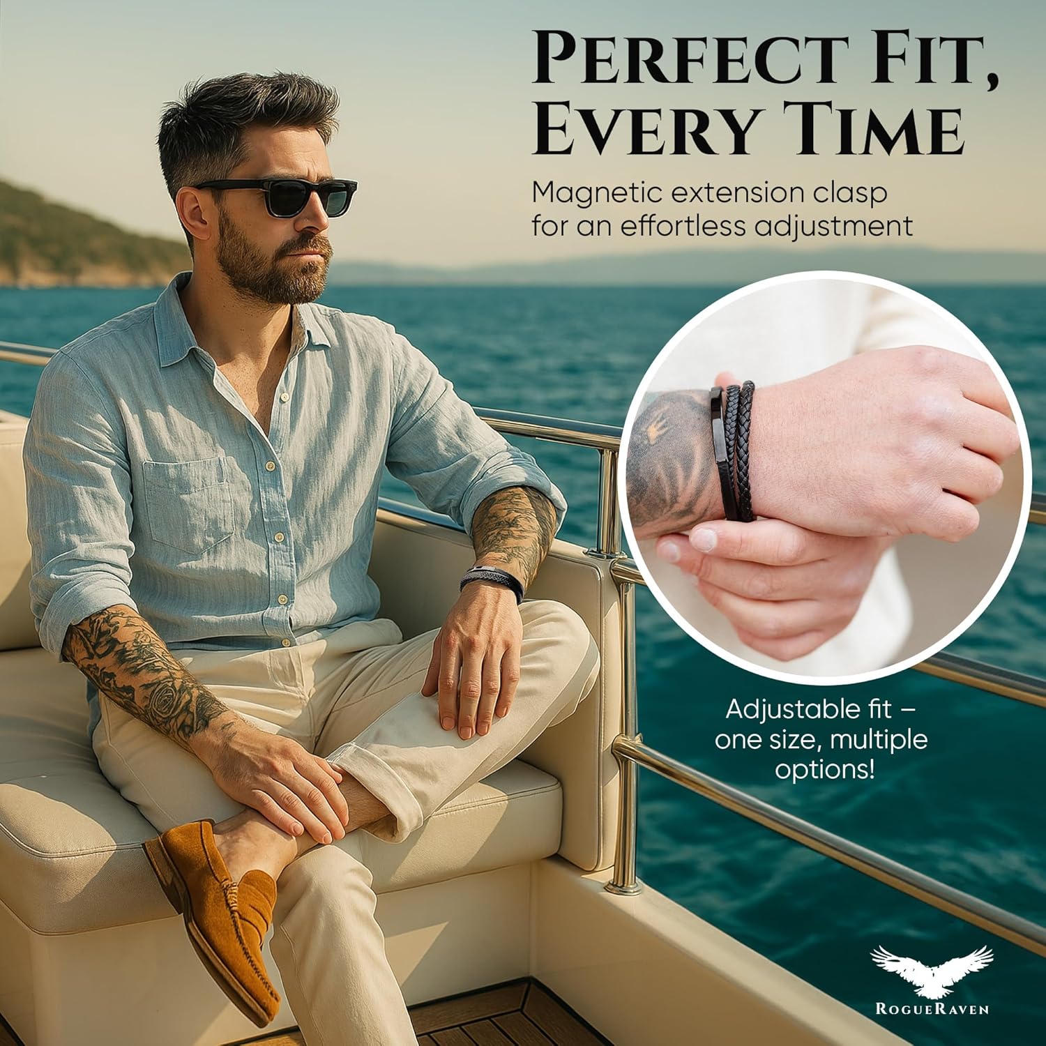 RogueRaven Black Leather Bracelet for Men – Premium Collection – Brown Black Gold Silver | Genuine Leather Mens Bracelet with Stainless Steel Clasp [Adjustable] | In Luxury Gift Box