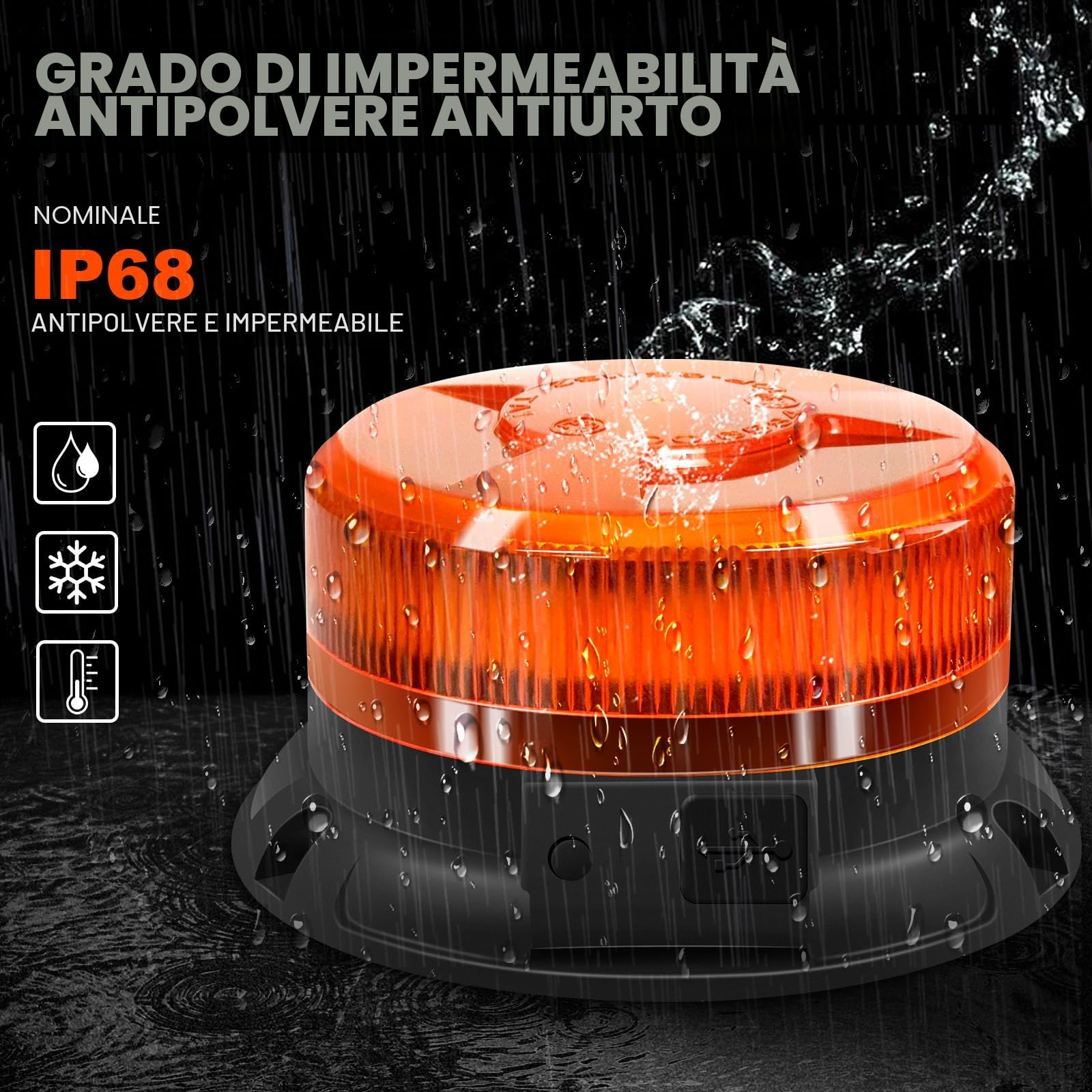 AnTom Luce LED stroboscopica lampeggiante di emergenza batteria,12V 9 Modalità con Cavo Alimentazione e USB cavo di ricarica Base Magnetica Lampeggiante per veicoli Carrelli trattori golf UTV