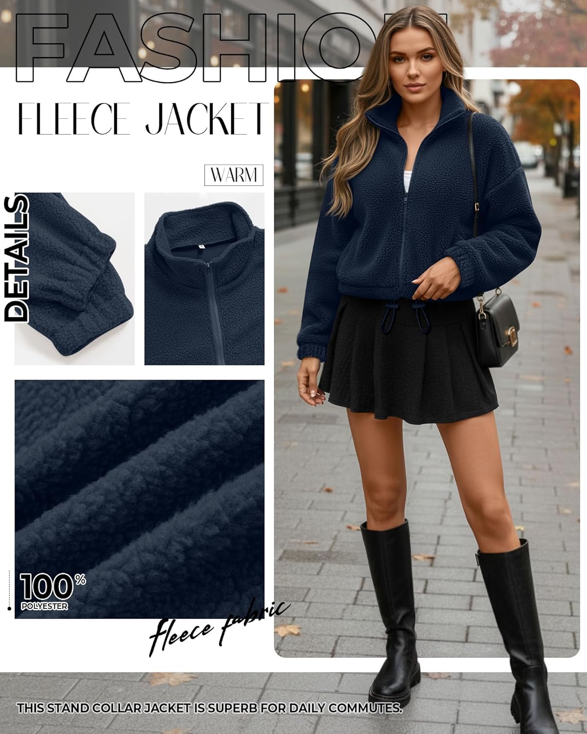 Riyiper Women's Fleece Jacket Cropped Zip Up Lightweight Sweatshirts Stand Collar Winter Sherpa Long Sleeve Coat 2025 Trendy - Image 5