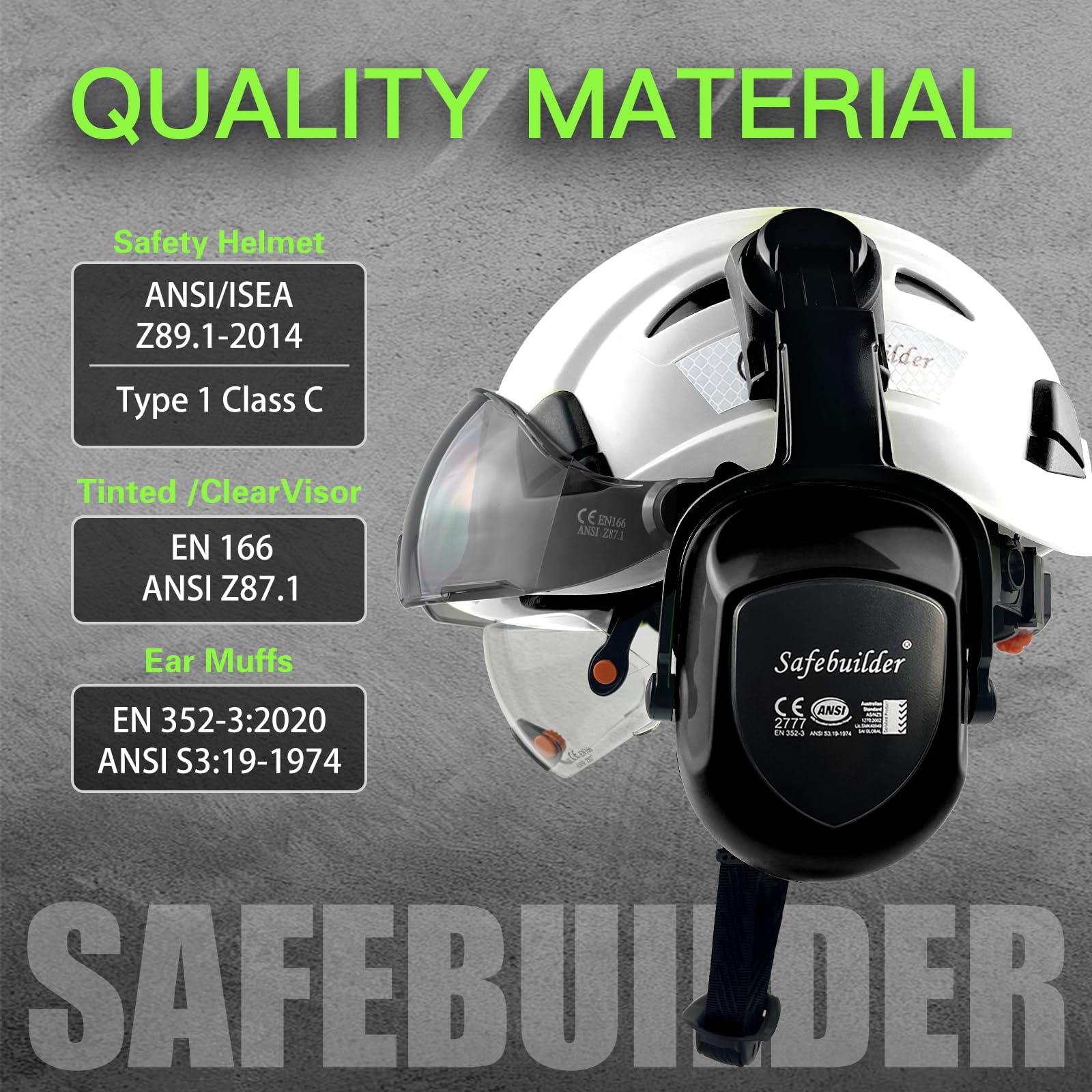 SAFEBUILDER Bauschutzhelm mit Visieren, klare und getönte Ohrenschützer, Gehörschutz, Industrie, Arbeit, Schutzhelm für Ingenieure (weißer Helm mit klarem und getöntem Visier und Ohrenschützern)
